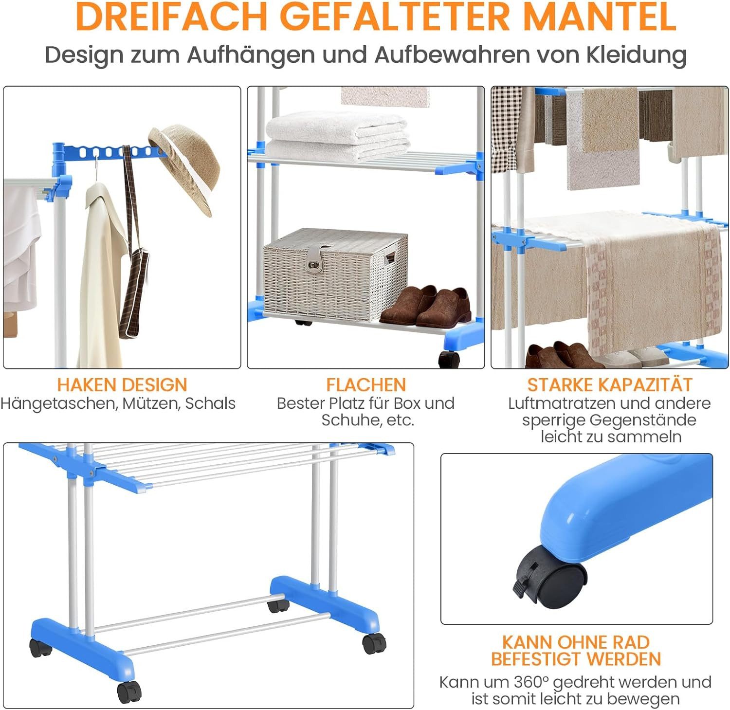 Youyijia Wäscheständer Wäscheständer mit 6 Klappbare Flügel und 2 Drehbar Seitenflügel – Bild 2 von 5