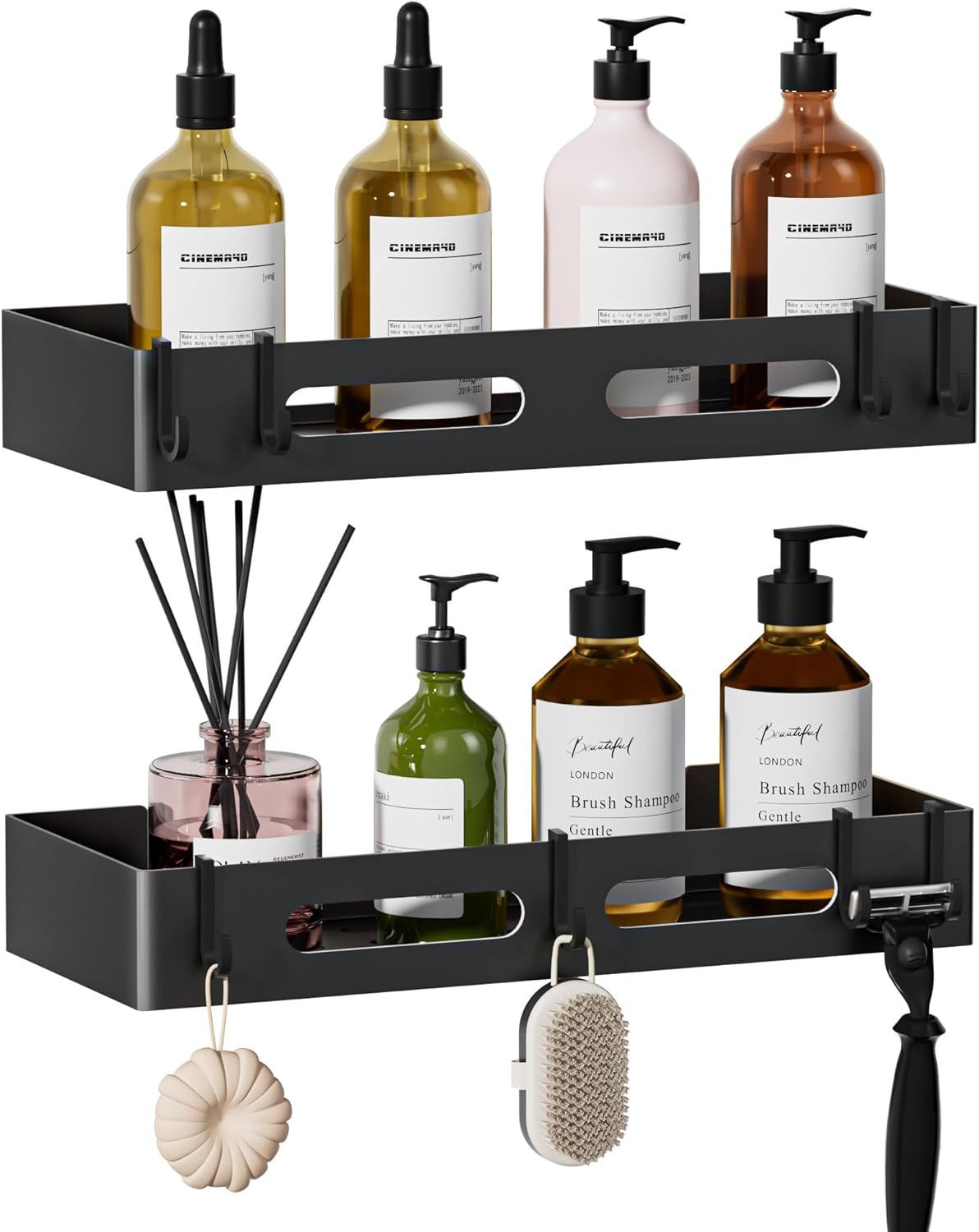 BlingBin 2pcs Duschregal Schwarz, ohne Bohren Badregal & Badezimmer Organizer, 2er Set 2-tlg., mit abnehmbaren Haken Große Kapazität für Shampoo und Duschzubehör