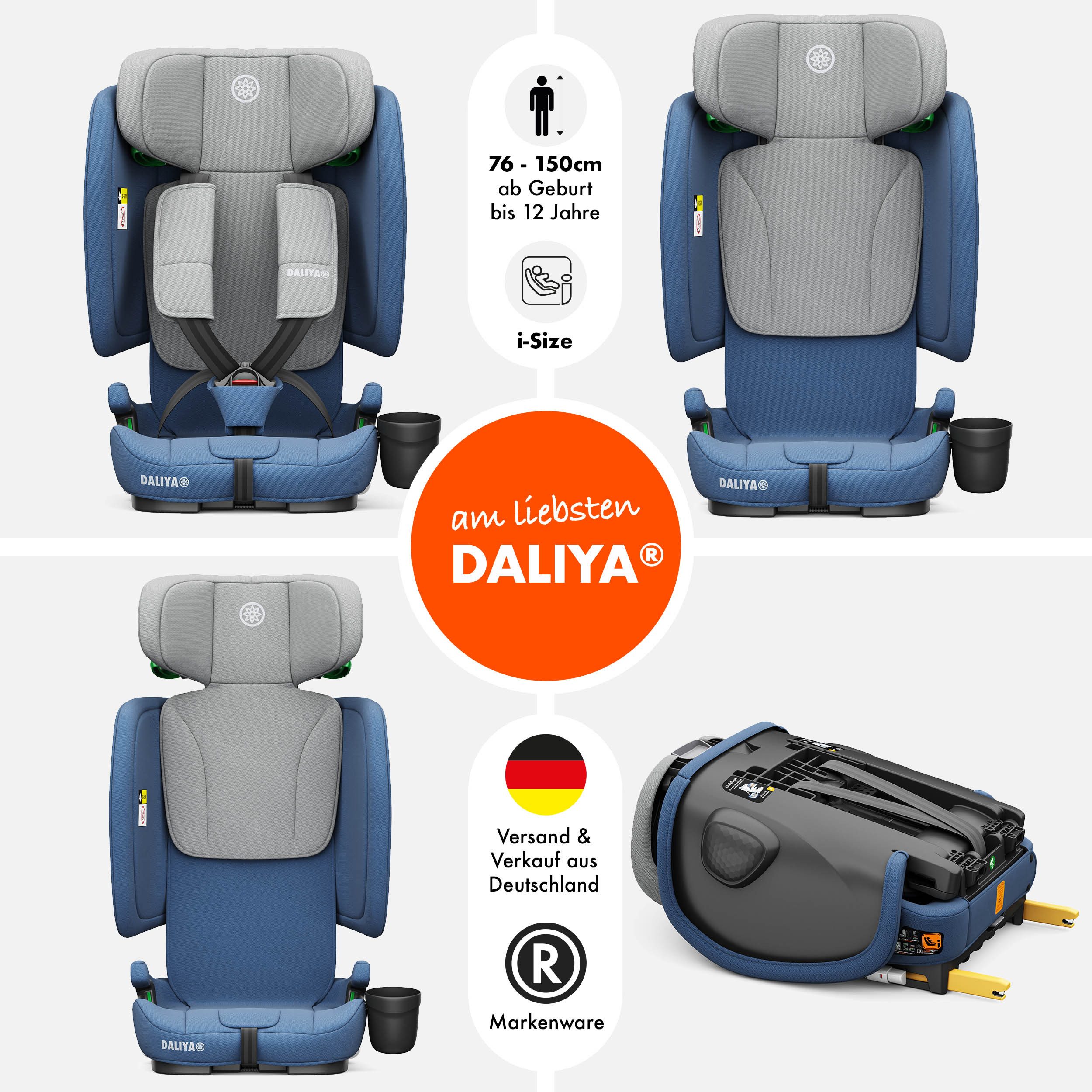 Daliya® Autokindersitz JOYMAX i-Size Auto-Kindersitz, ISOFIX, für Kinder 76-150 cm, 9-36 kg, ab: 1,5 Jahren, bis: 10 Jahre, ab: 76 cm, bis: 150 cm, (3-tlg), ISOFIX, Top Tether, faltbar, verstellbare Kopfstütze und Rückenlehne