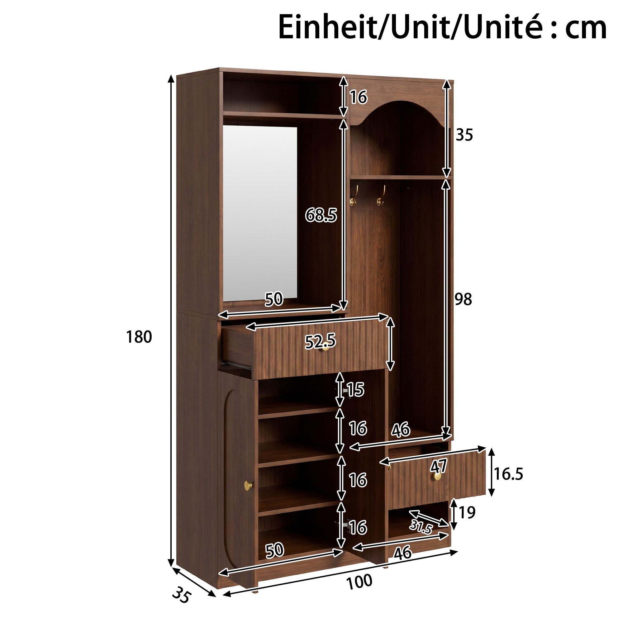 Odikalo Kleiderschrank Garderobenschrank mit Spiegel,Sitzbank,Schuhschrank MDF (3D-Ovaltüren,höhenverstellbare Einlegeböden,offene Ablage,Kleiderhaken,Eisengriffe)