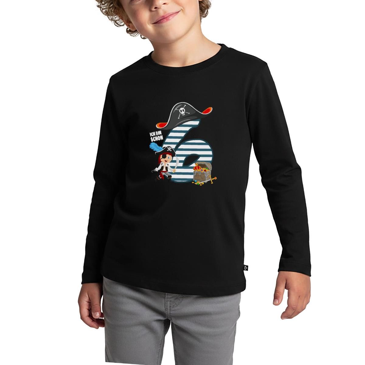 T-Shirt 6. Geburtstag Ich Bin Schon Sechs Pirat Schatz Kinder Premium Langarms