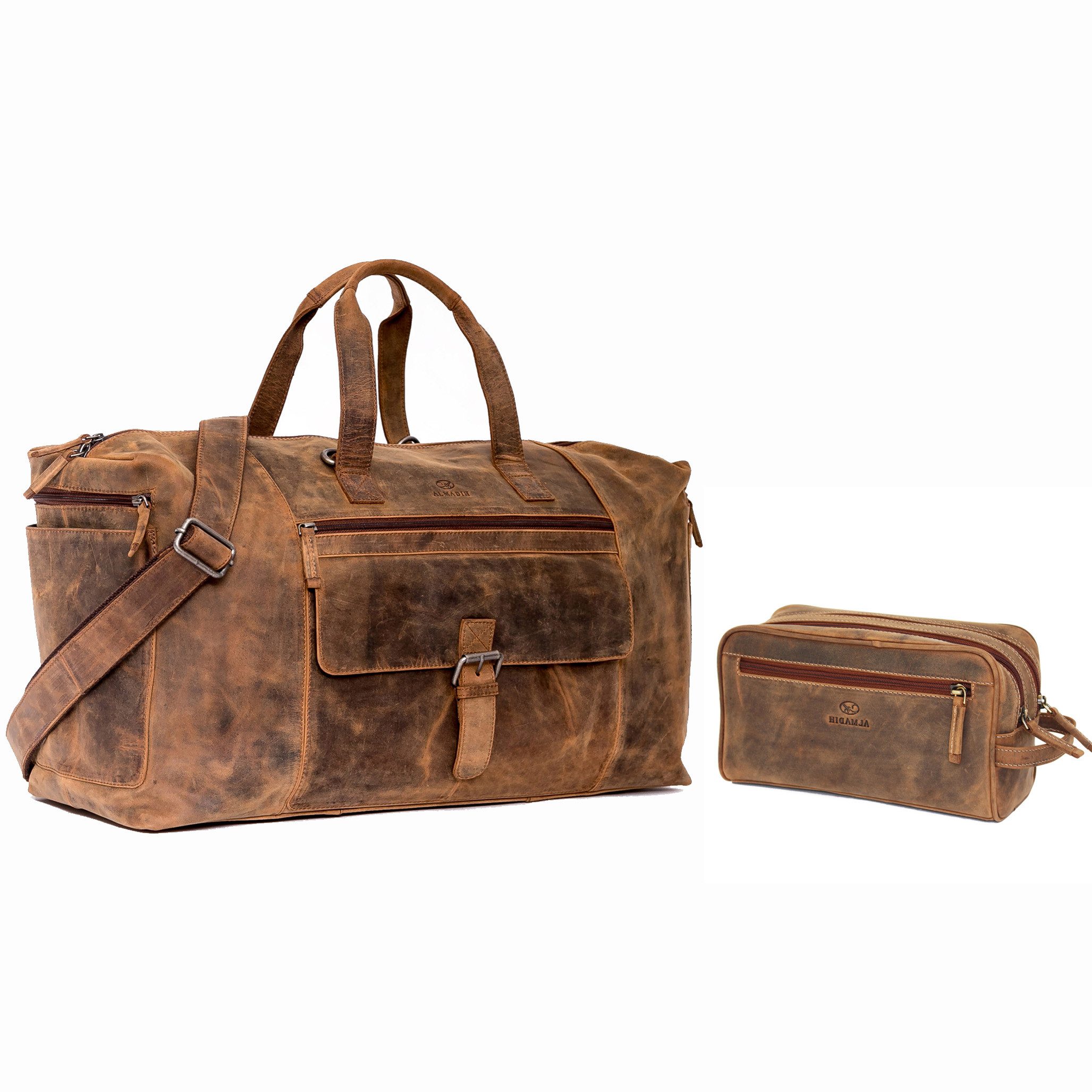 Reisetasche Herren Leder Weekender »AIKO« & Kulturbeutel »Pietro« Braun Vintage