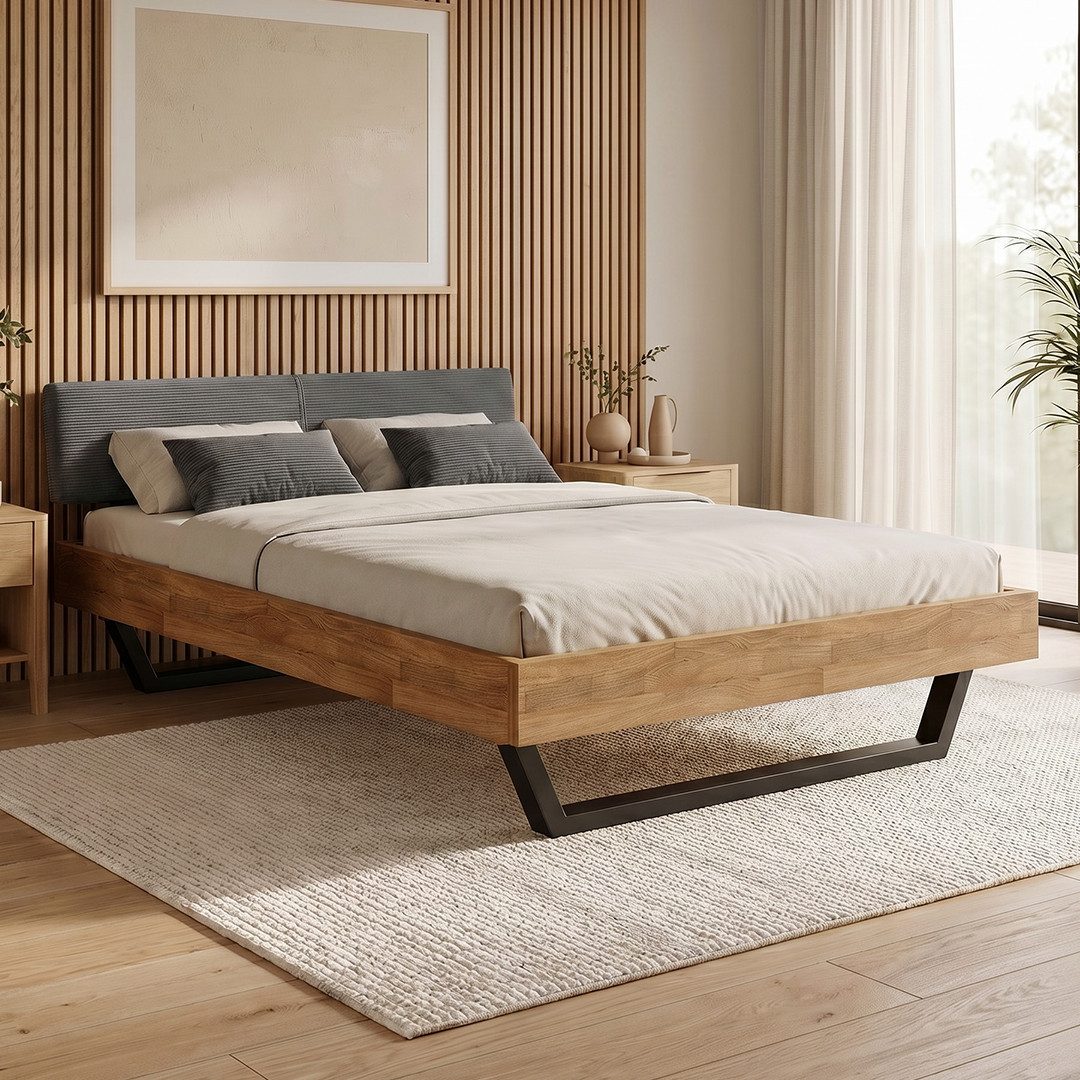 skølm Massivholzbett Alver aus Eiche mit Cord-Kopfteil, geöltes Bettgestell, 140x200 cm, Kopfteil anthrazit, verfügbar in 140/180 x 200 cm