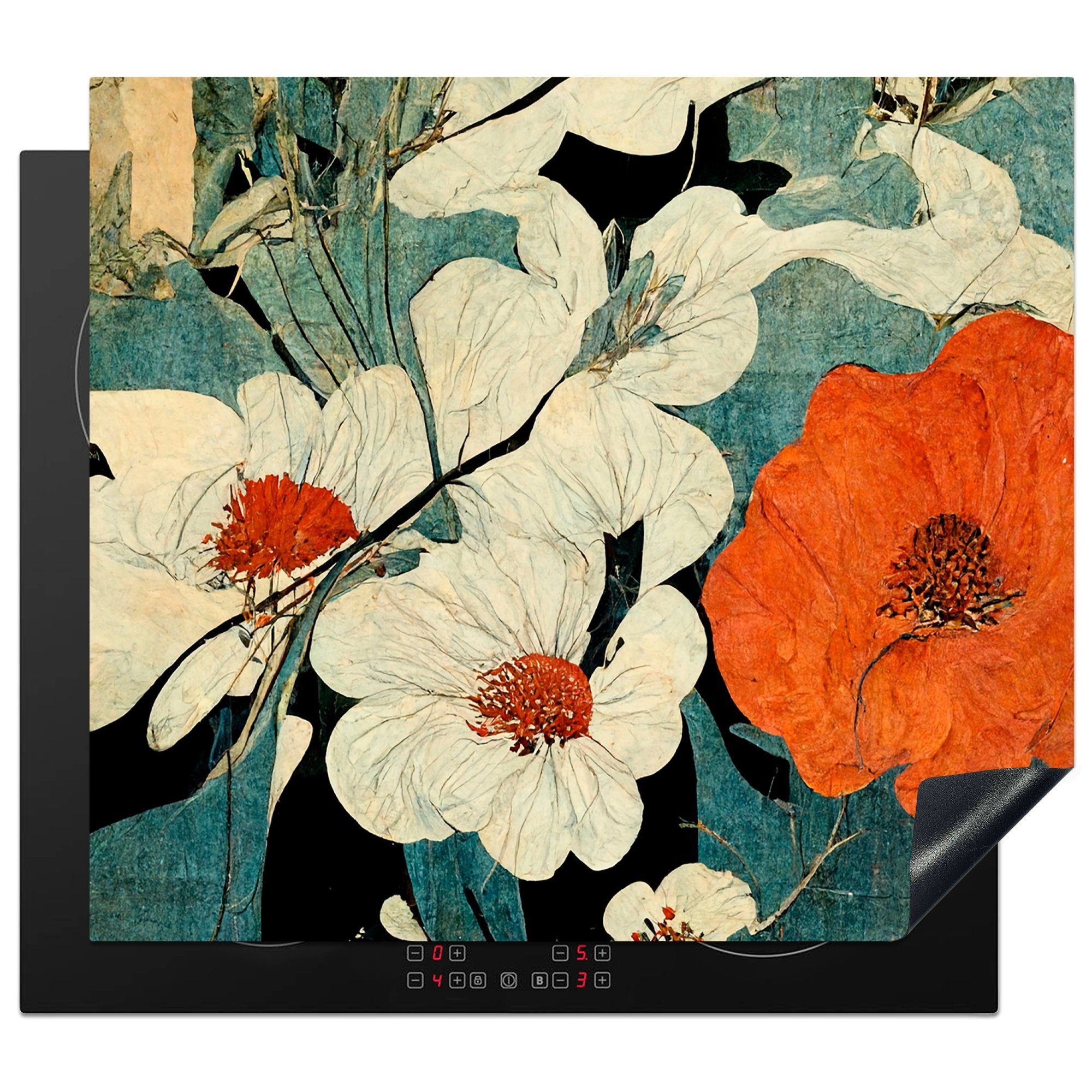 MuchoWow Herdblende-/Abdeckplatte Blumen - Pflanzen - Vintage - Asien - Orange, Vinyl, (1 tlg), 60x52 cm, Mobile Arbeitsfläche nutzbar, Ceranfeldabdeckung