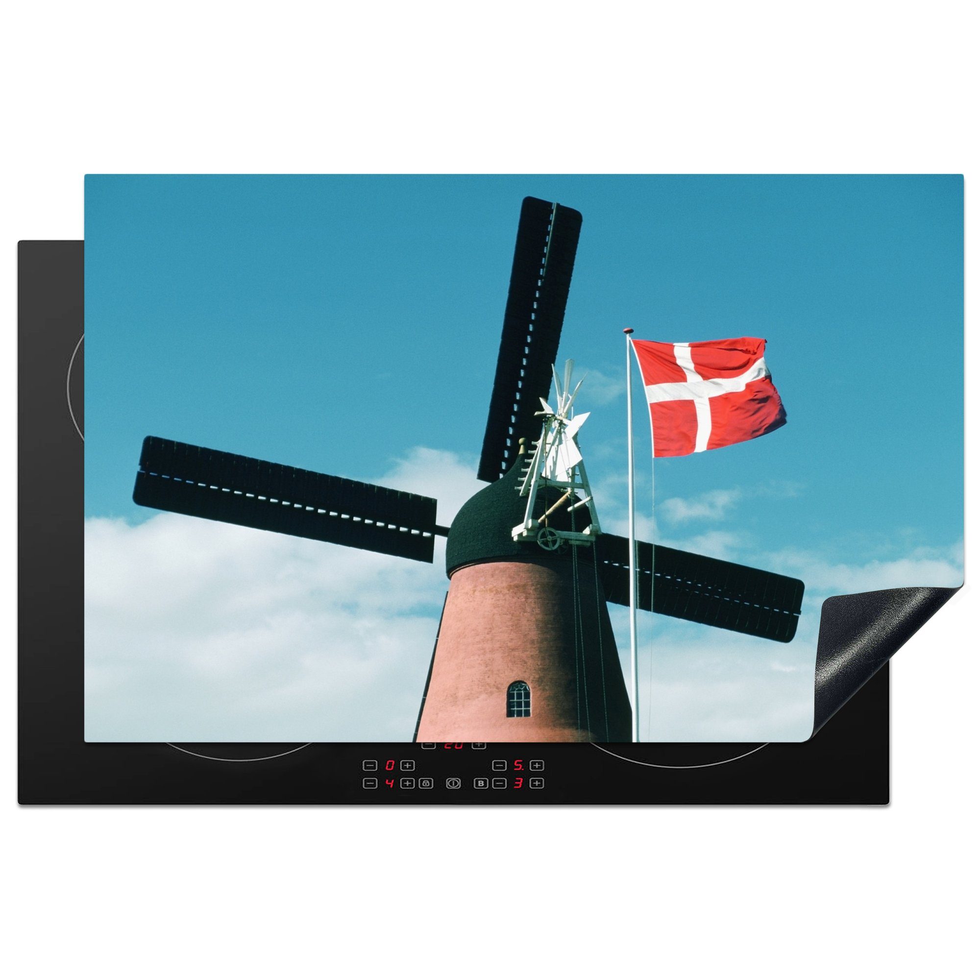 MuchoWow Herdblende-/Abdeckplatte Die dänische Flagge auf einer Windmühle, Vinyl, (1 tlg), 81x52 cm, Induktionskochfeld Schutz für die küche, Ceranfeldabdeckung