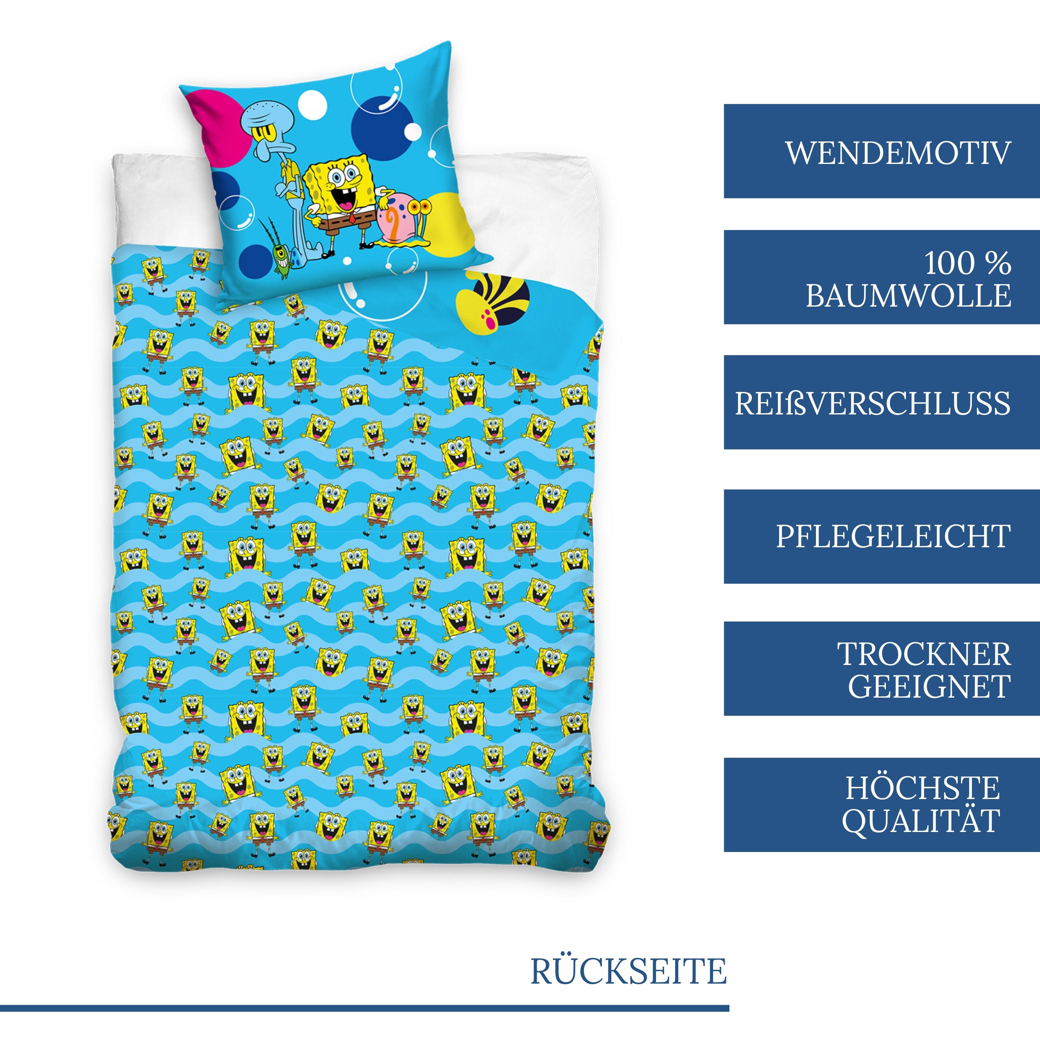 MTOnlinehandel Kinderbettwäsche SpongeBob Schwammkopf 135x200 + 80x80 cm, 100 % Baumwolle, Renforcé, 2 teilig, SpongeBob und Patrick Kinderbettwäsche für Jungen und Mädchen