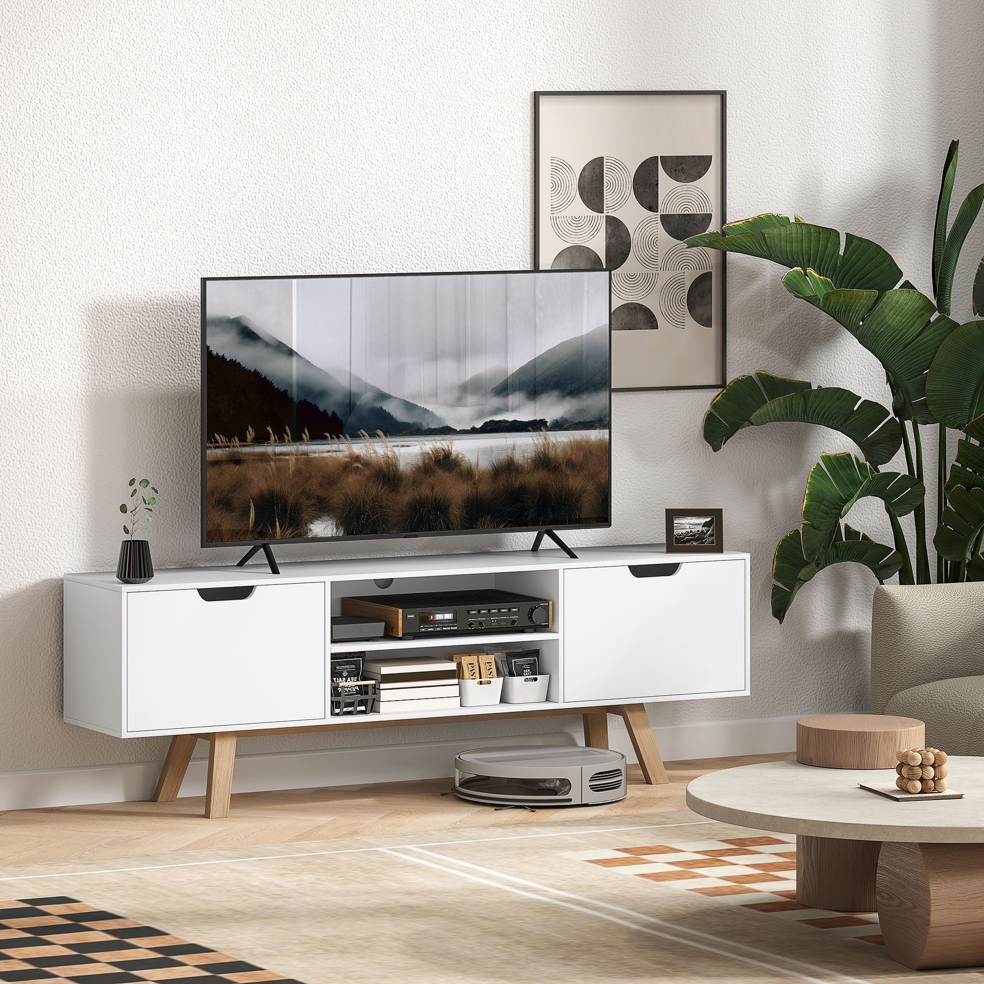 HOMCOM TV-Board für Fernseher bis zu 65 Zoll, mit 2 Schränken und 2 Regalebenen (Fernsehtisch, 1 St., TV-Schrank), für Wohnzimmer, 150 x 39 x 50 cm Weiß