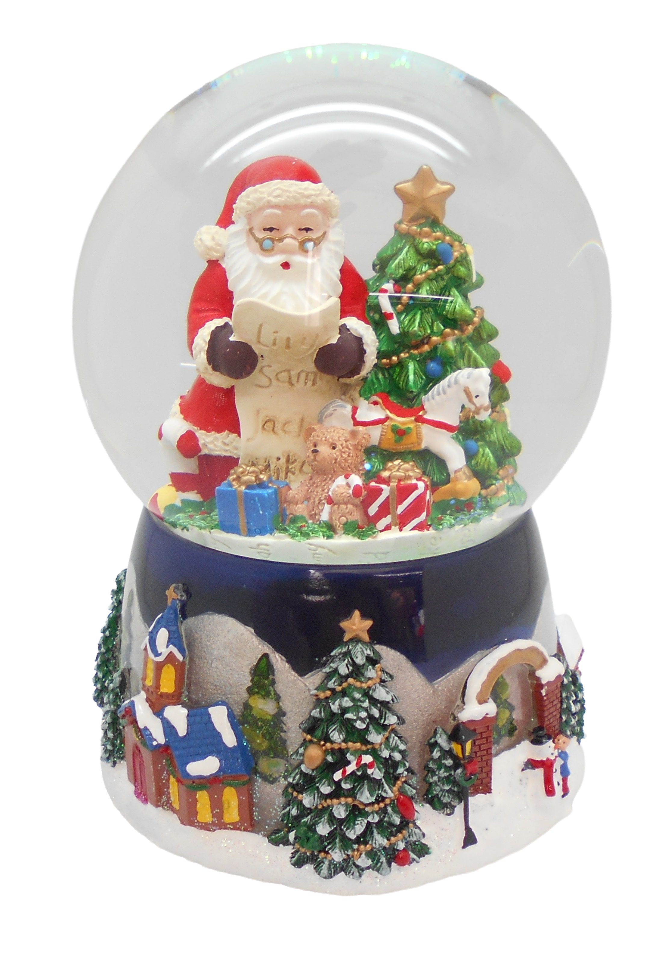 Spieluhr Schneekugel Weihnachtsmann mit Wunschzettel