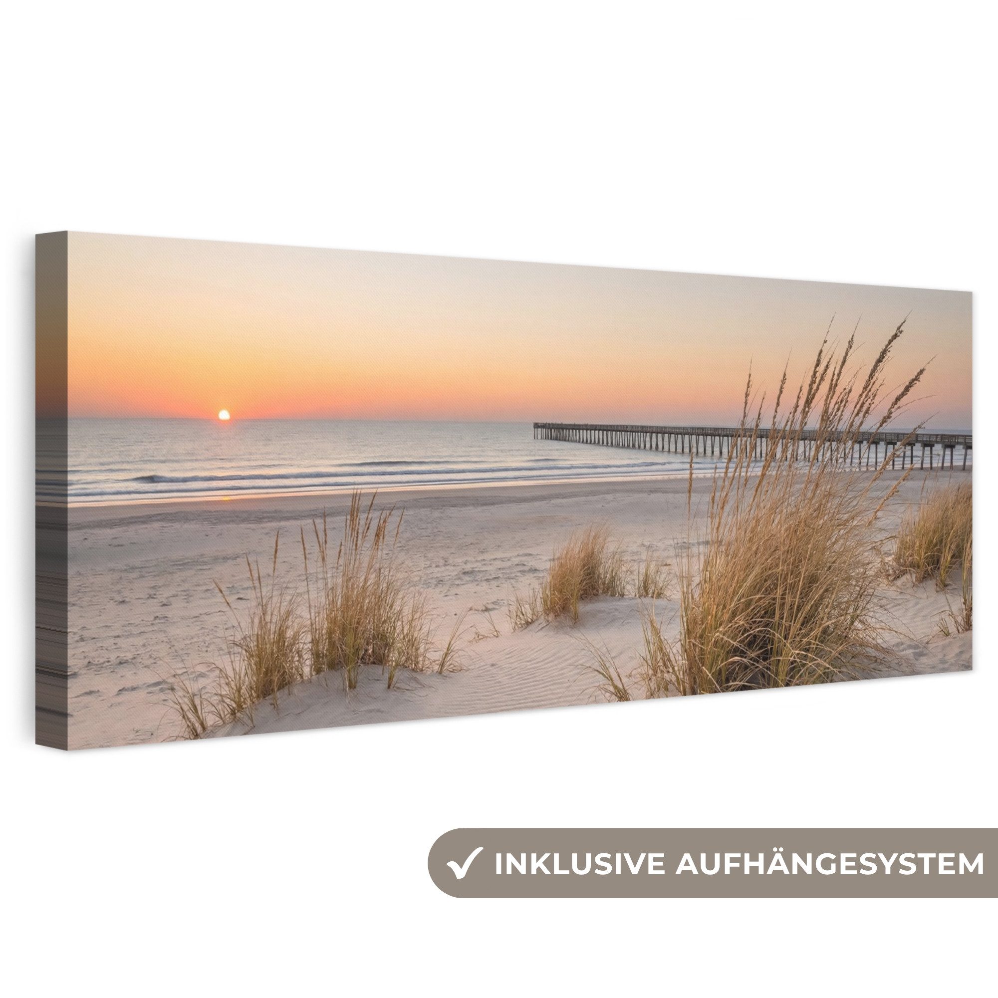 OneMillionCanvasses® Leinwandbild Panorama Pier - Sonnenuntergang - Strand, Fotodruck (1 St), Wandbild, Deko Schlafzimmer Wohnzimmer Flur 60x20 cm