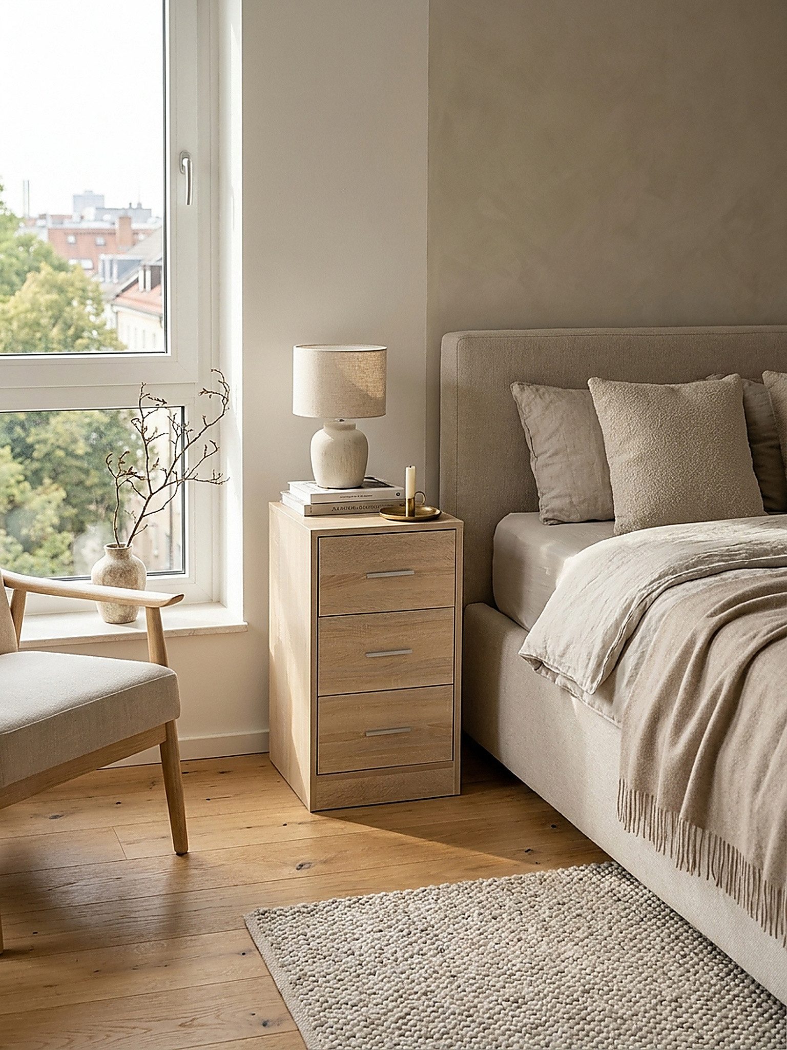 KADIMA DESIGN Nachttisch Nachtkonsole FOGGIA Holz Nachttisch modern mit 3 Schubladen sonoma, Design Nachtkästchen 37,5 x 68 x 35 cm, Extra hohes Nachtschränkchen
