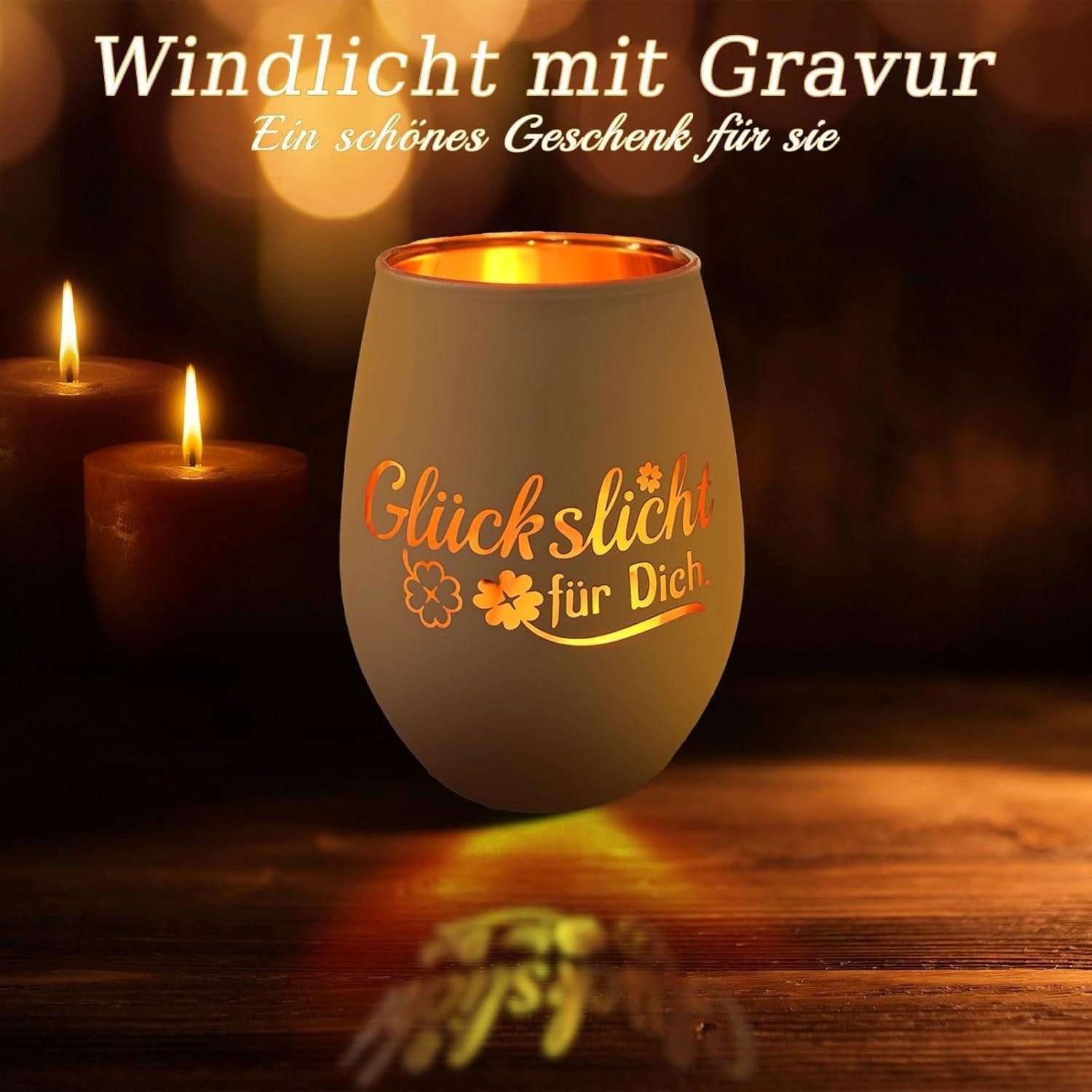 LuxusKollektion Windlicht Windlicht Teelichthalter Glas Gravur Geschenk Glückslicht – Weiß 2