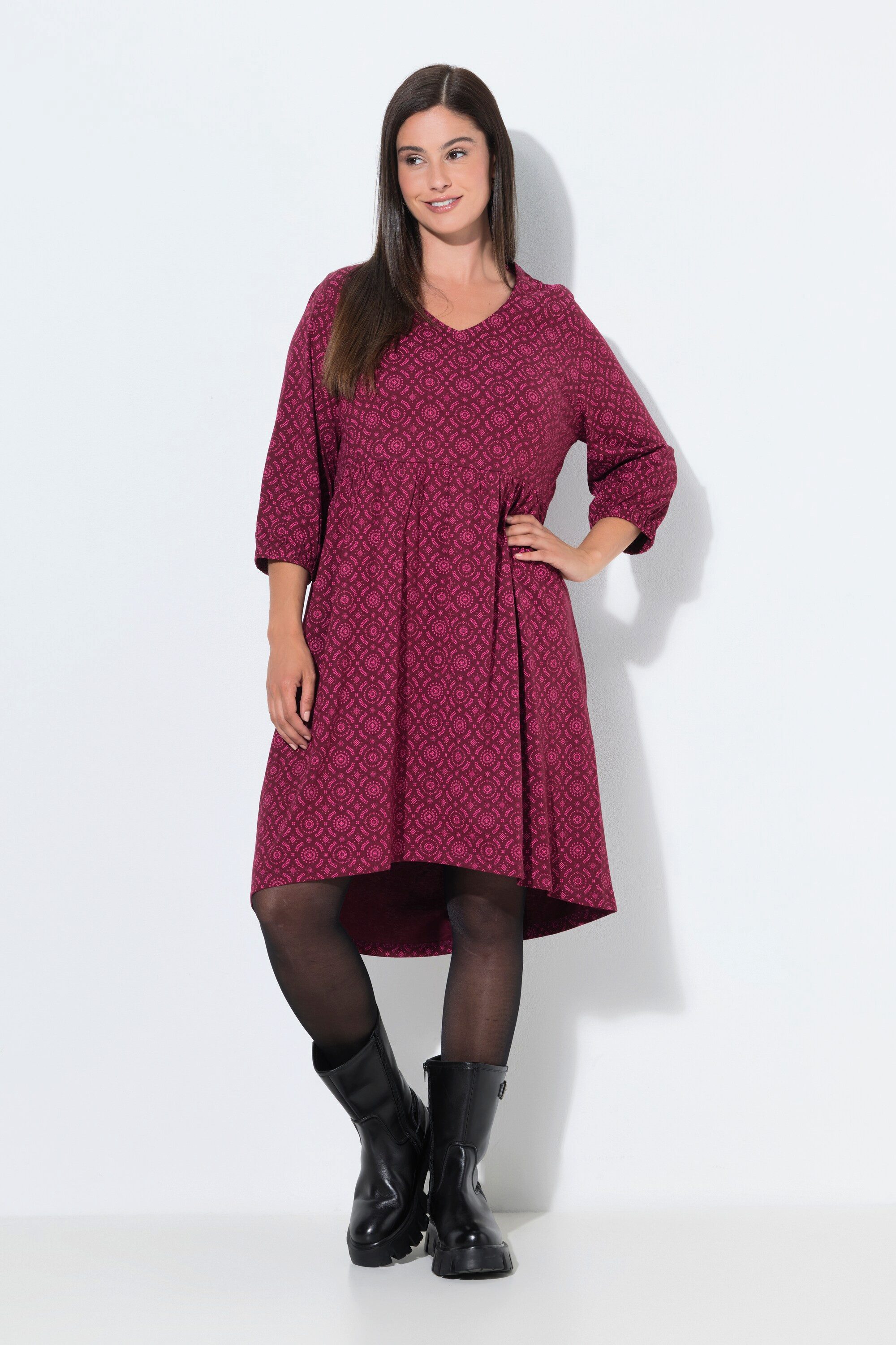 Ulla Popken Jerseykleid Kleid bedruckt A-Linie V-Ausschnitt 3/4-Arm