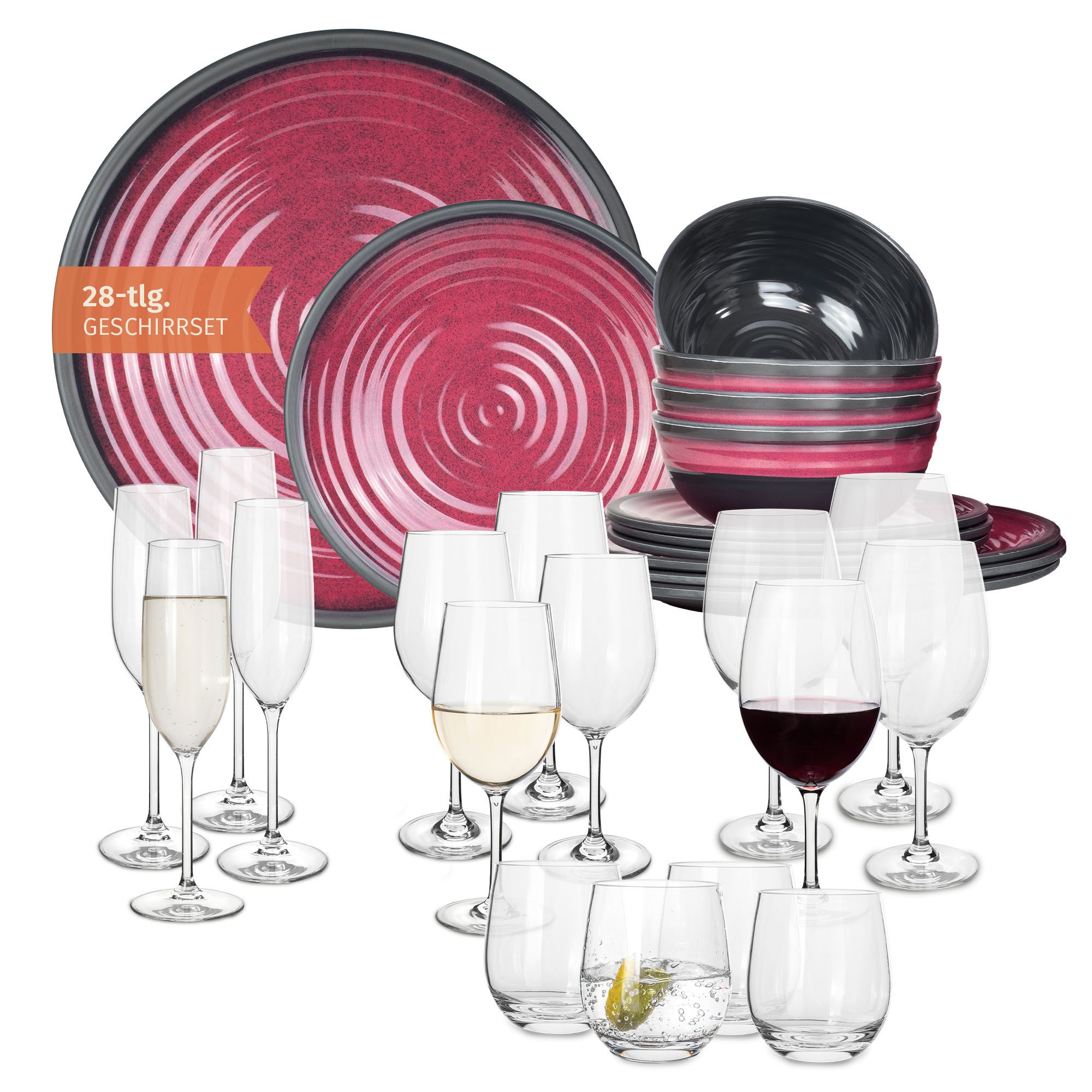 Moritz Geschirr-Set Camping Geschirr Stone Red + 16 Tiamo Gläsern