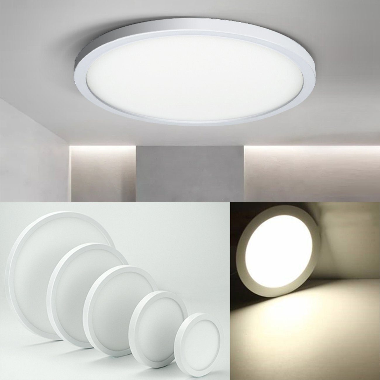 LETGOSPT Deckenleuchte LED Deckenlampe Ultra Dünn Tageslicht Aufputz Lampe Leuchte 6W-24W, LED fest integriert, Kaltweiß, Badezimmerlampe IP44, für Küche Wohnzimmer Schlafzimmer Flur 12 W / 170 mm