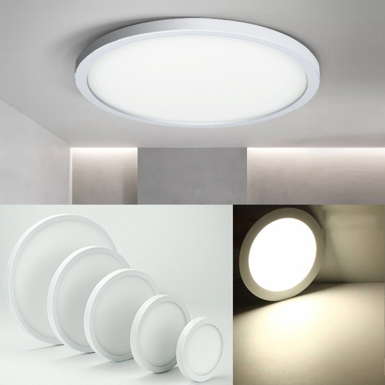 mm Tageslicht Ultra Küche Lampe 12 LETGOSPT LED 170 W Badezimmerlampe 6W-24W, Flur LED Aufputz Deckenlampe Dünn Leuchte IP44, Wohnzimmer integriert, Deckenleuchte Kaltweiß, fest Schlafzimmer für /