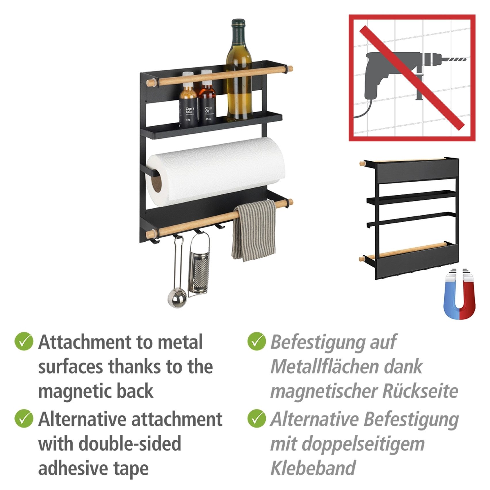 WENKO Küchenregal Modell Magna, magnetisches Regal mit Küchenrollenhalterung, Befestigung ohne Bohren