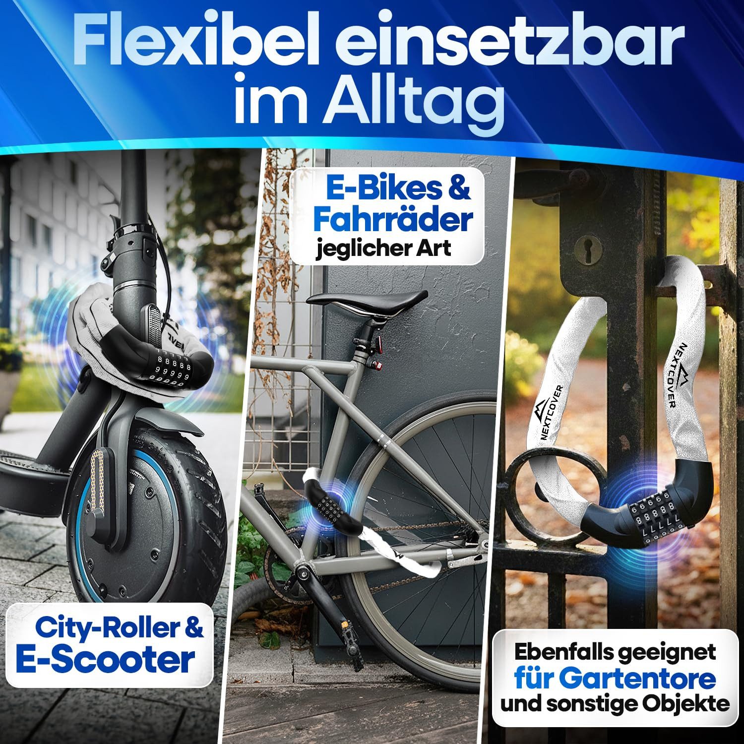 Nextcover Kettenschloss NEXTCOVER® Fahrradschloss LockOne mit Zahlencode oder Schlüssel – Bild 5 von 5