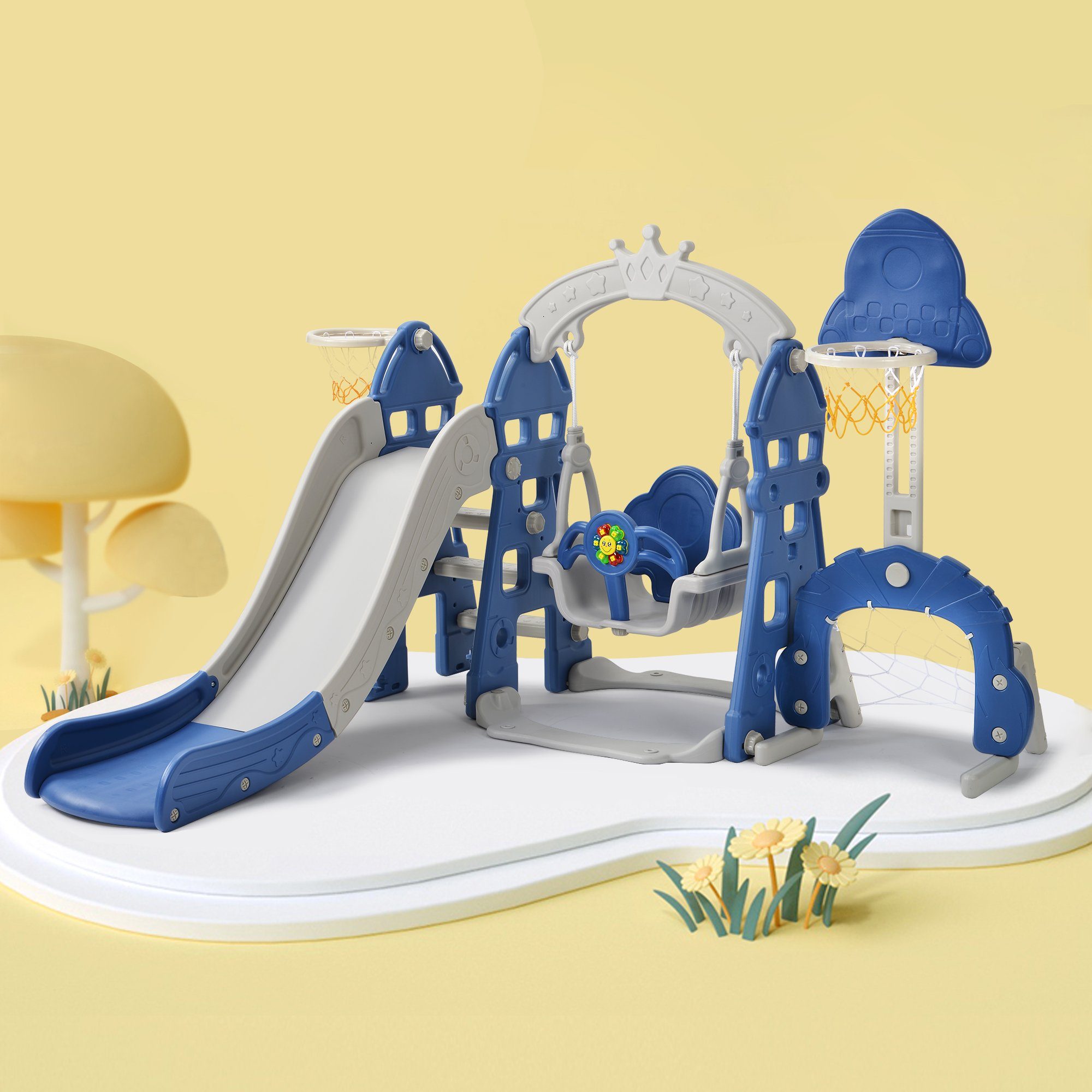 Merax Rutsche für Kinder 5 in 1 Kinderrutsche mit Schaukeln, Basketballkorb, Kinderrutsche mit Fußballtor und rutschfeste Leiter, Musik, aus HDPE