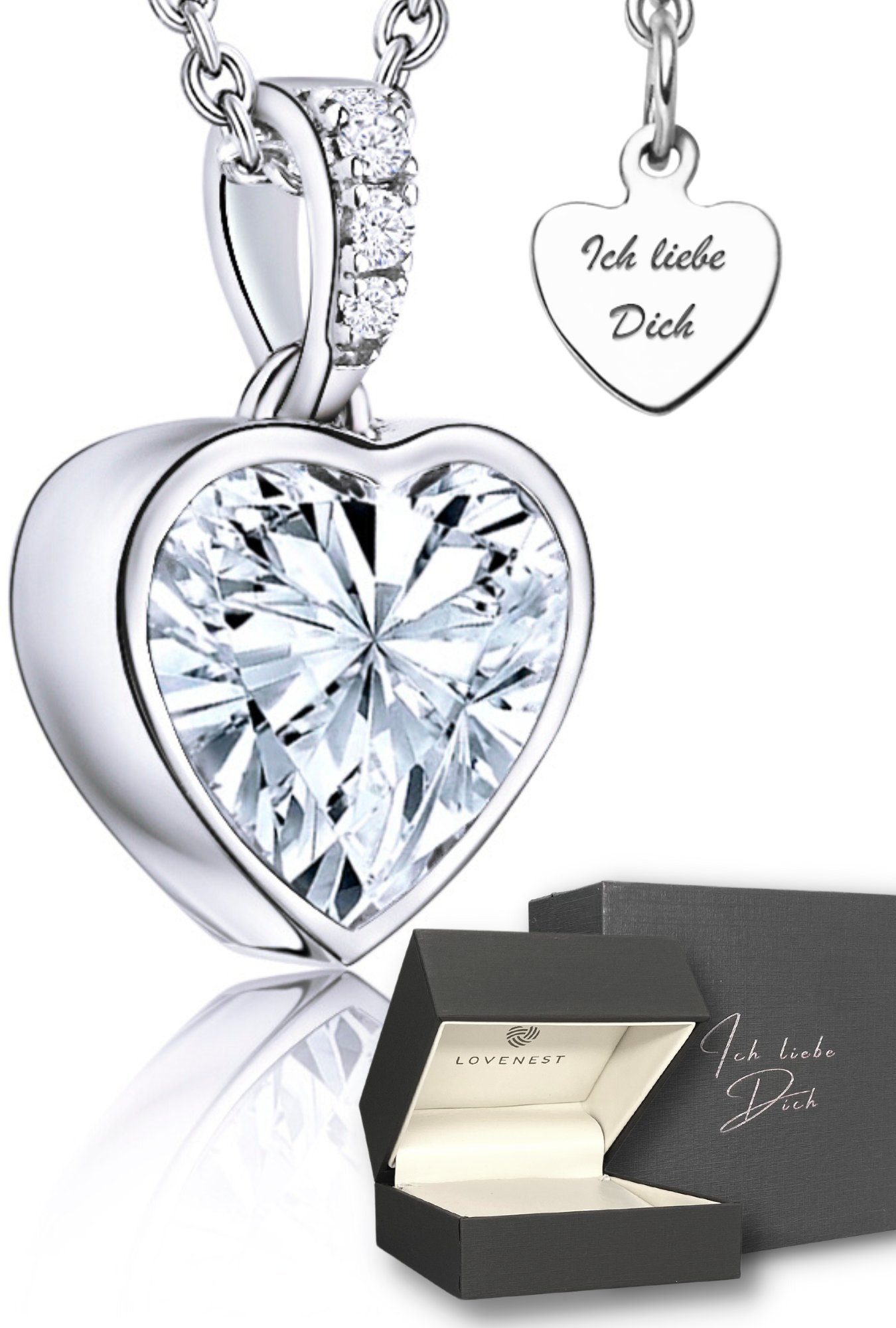 LOVENEST Herzkette Halskette Damen Silber 925 / Gold vergoldet mit Herz-Anhänger Zirkonia (Silberkette Anhänger Geschenke für Frauen Valentinstag Frau Freundin, Geschenkset Damenkette Weihnachten Set), Sie Geburtstag Hochzeitstag Liebesbeweis Liebesgeschenk Herz Schmuck