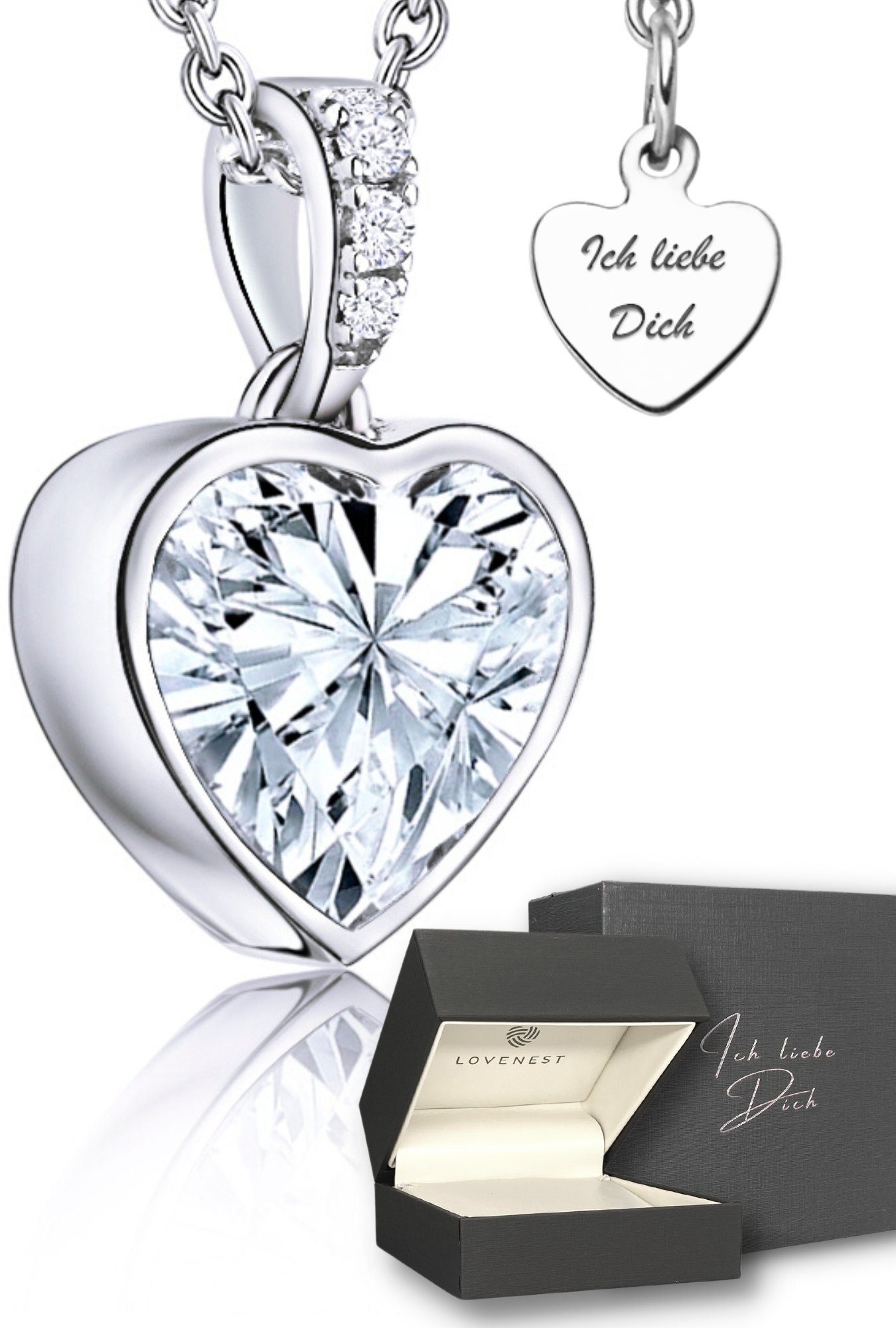 LOVENEST Herzkette Herzkette Silber 925 Halskette Damen *Ich liebe Dich* Herz-Anhänger (Silberkette Anhänger Geschenke für Frauen Valentinstag Frau Freundin, Geschenkset Damenkette Weihnachten Set), Sie Geburtstag Hochzeitstag Liebesbeweis Liebesgeschenk Herz Schmuck