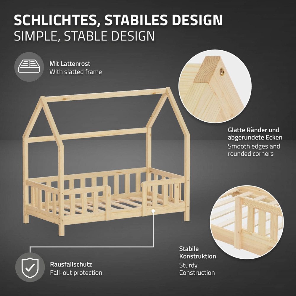 ML-DESIGN Spielbett Hausbett Kinderbett inkl. Lattenrost kreativ Bodenbett für Kinder, Abenteuerbett ohne Matratze 70x140cm Holzbett Natur Kiefer Bettgestell