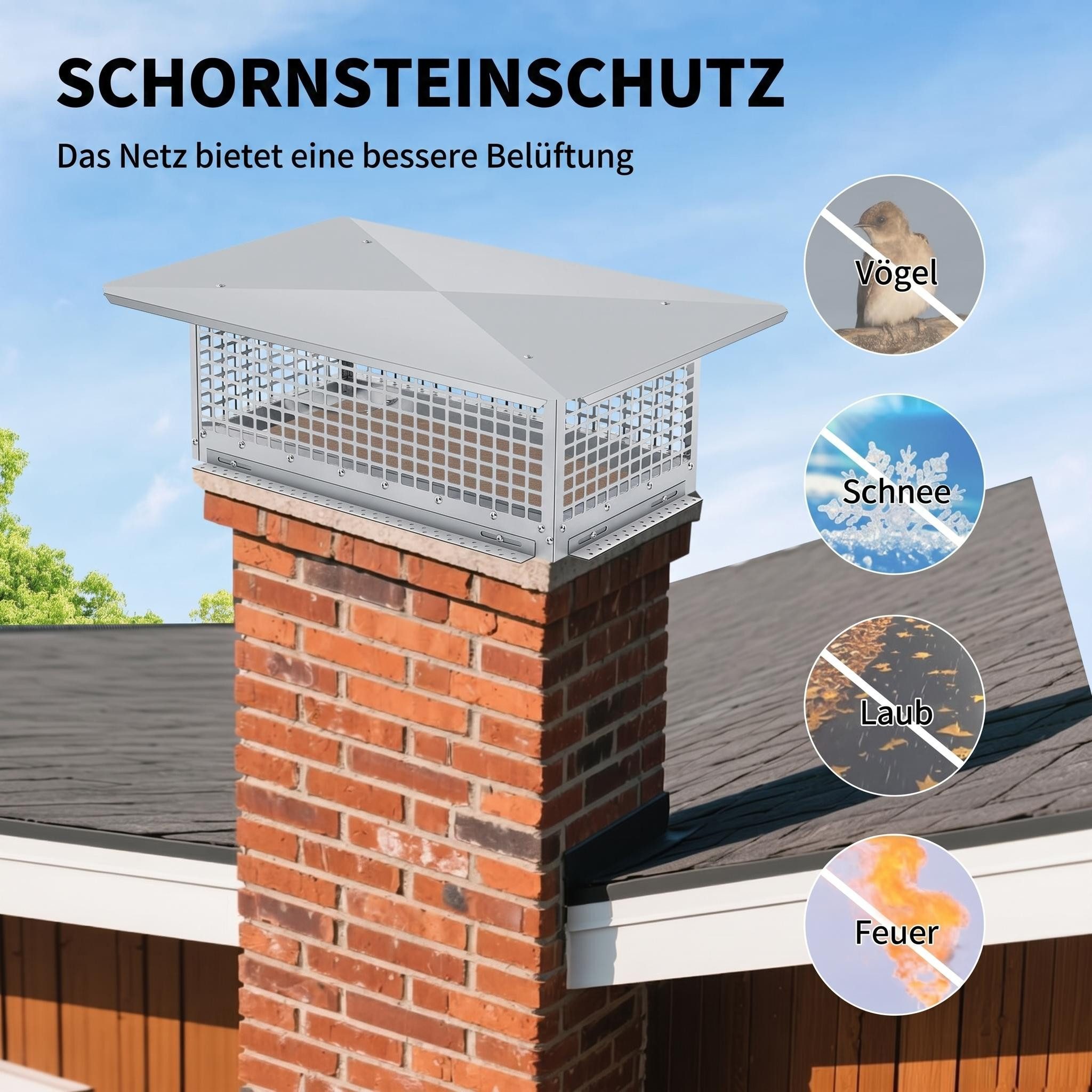 GarveeMore Schornstein-Regenhaube 304 Edelstahl-Schornsteinschutz inkl. Montageset, quadratisch, Silbrig, Schutz vor Vögeln, Schnee, Blättern & Funken – Bild 4 von 5