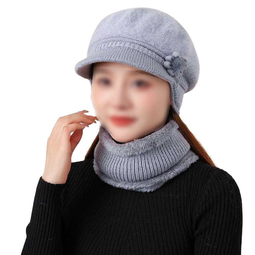 Blusmart Mütze & Schal Damen Wintermütze mit Schal Set (Warme gefütterte Beretmütze mit Blumenverzierung, 2-tlg., Elastische Strickmütze und Schlauchschal) Für kalte Tage