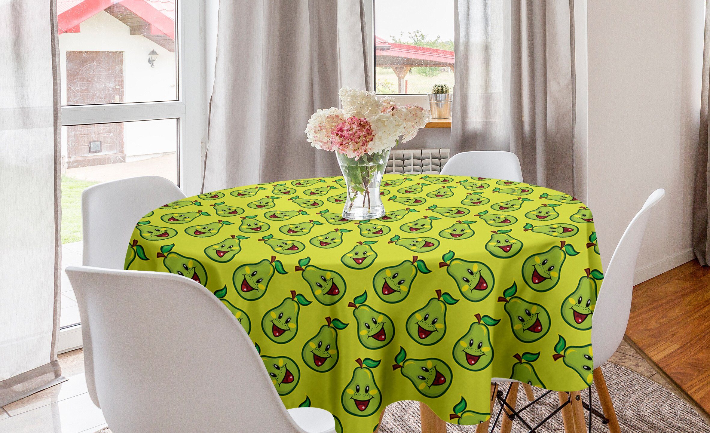 Tischdecke Happy Tischdecke für Küche Esszimmer Birne Abakuhaus Cartoon Smiling Dekoration, Kreis Früchte Abdeckung