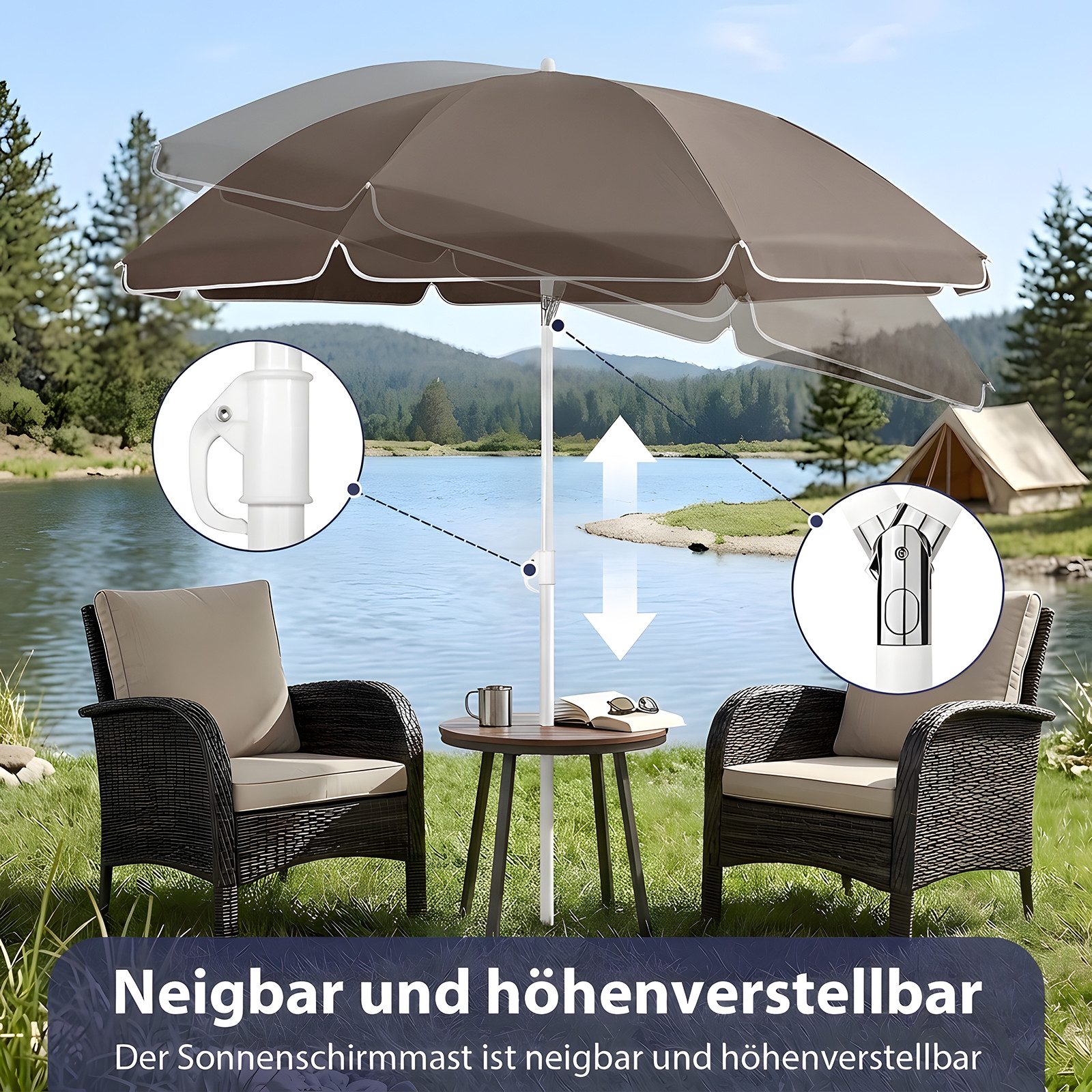 SUNULA Sonnenschirm Ø140/Ø160 cm Balkonschirm Rund Strandschirm mit Schutzhülle, LxB: 140x140 cm, 140 cm mit Knickfunktion, Höhenverstellbar, Leicht zu Transportieren