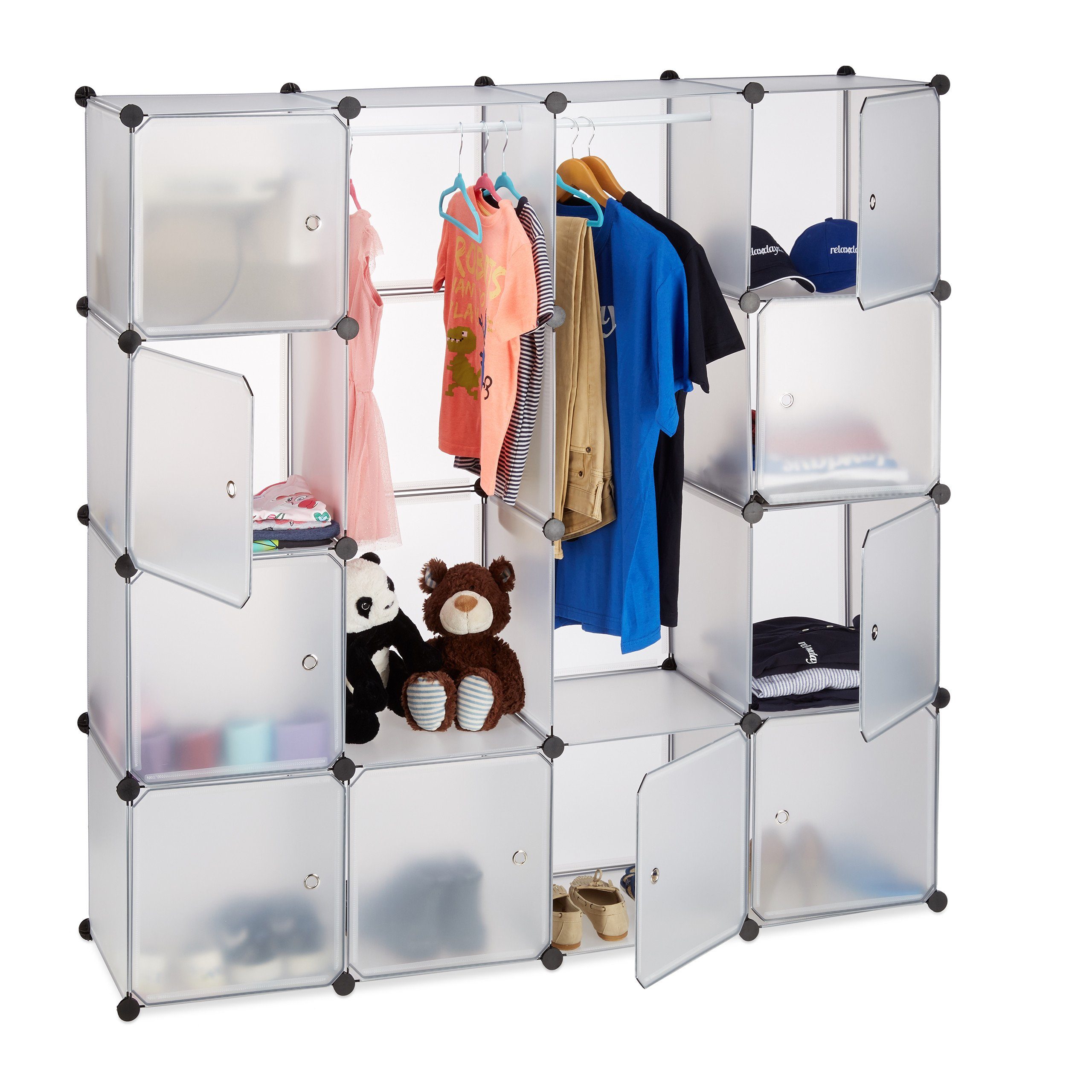 relaxdays Kleiderschrank Kleiderschrank Stecksystem 12 Fächer Transparent Transparent Schwarz | transparent