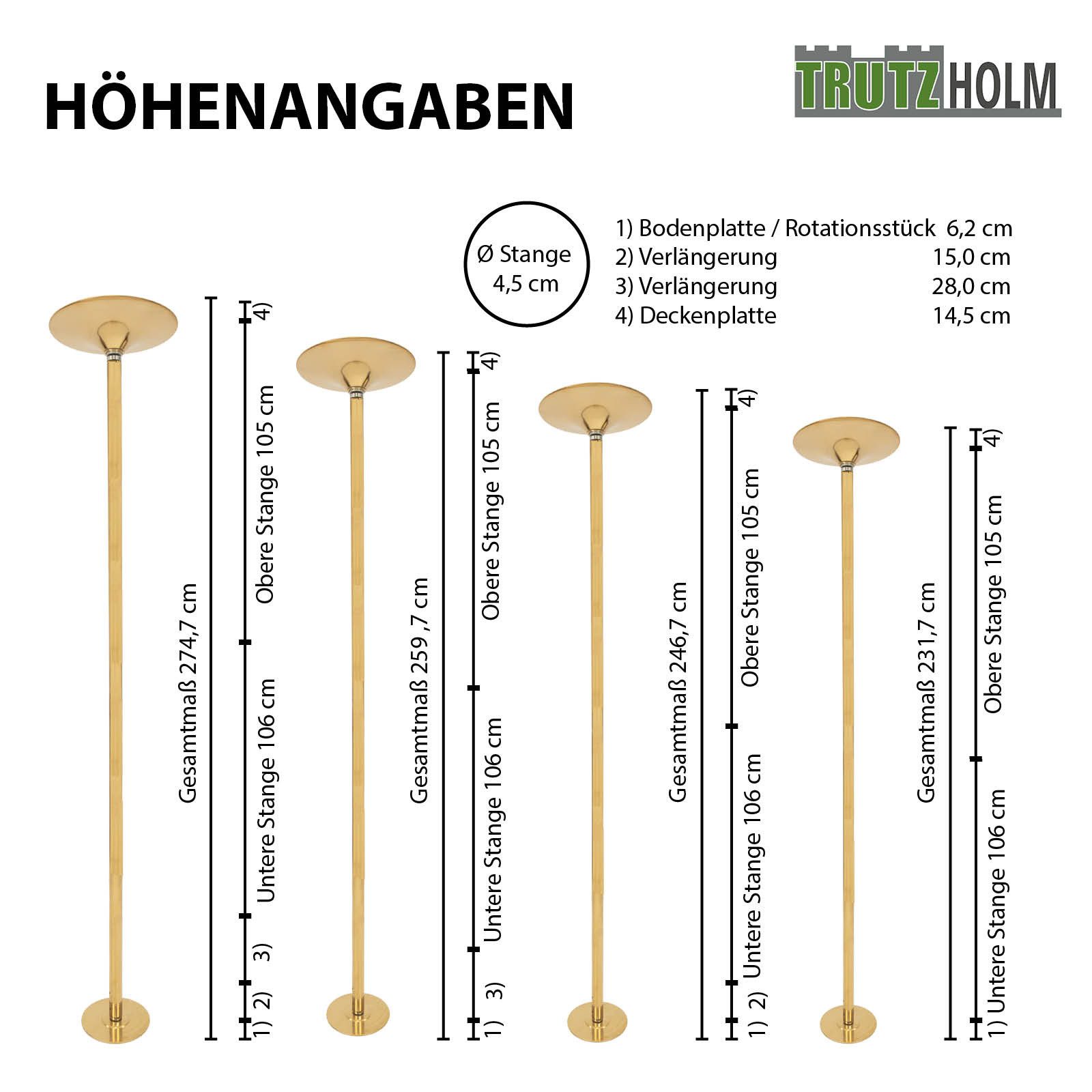 TRUTZHOLM Pole Dance Stange Tanzstange Gold Profi 231–274 cm Ø45 mm Static & Spinning, Höhenverstellbar, für Zuhause, Party, Club