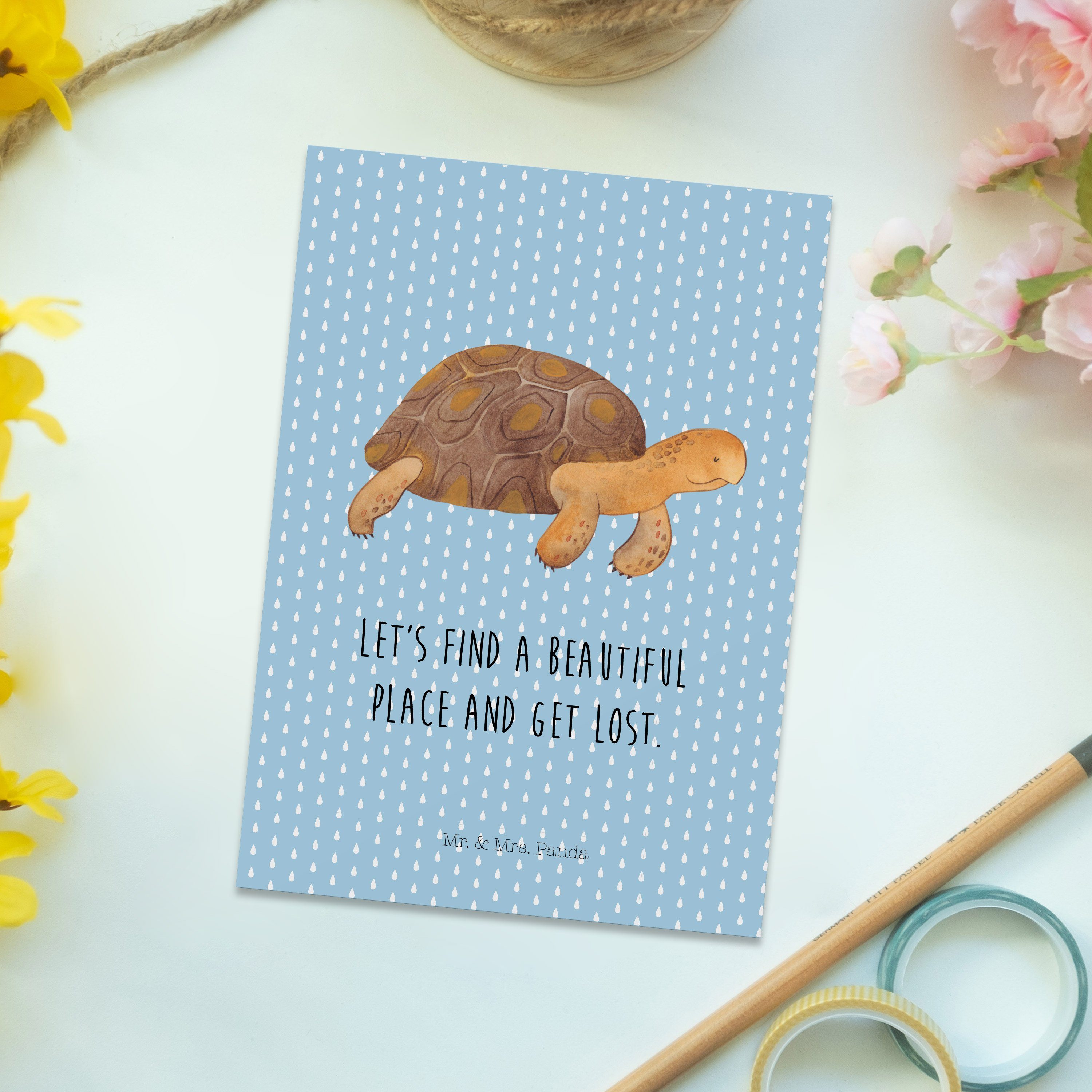 marschiert Panda Mrs. - Meer, Mr. & Schildkröte Schildkröten - Geschenk, Postkarte Blau Pastell