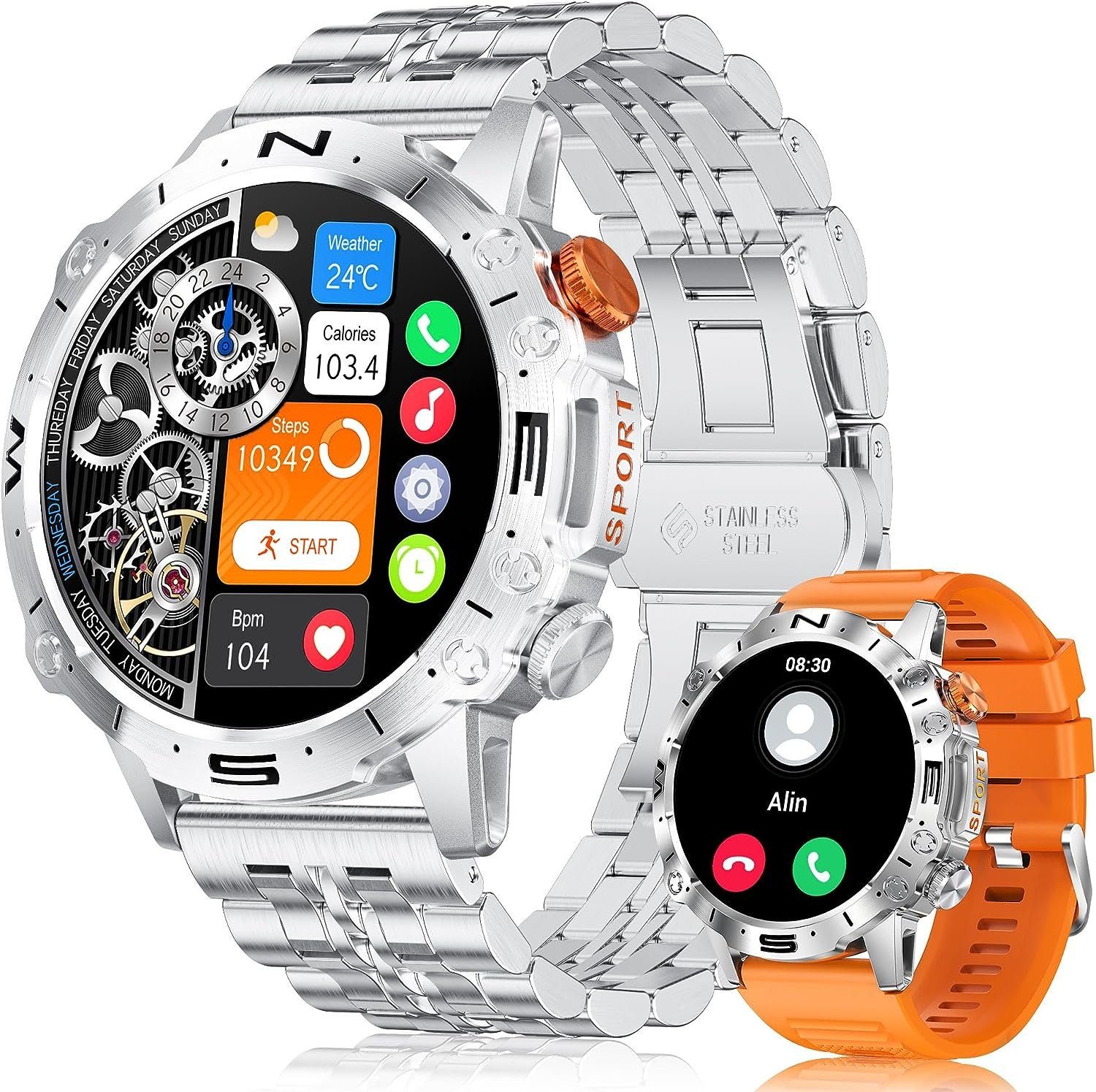 SIEMORL Smartwatch (1,43 Zoll, Android iOS), Herren Telefonfunktion  Fitnessuhr Armbanduhr 100 Sportmodi 360mAh Akku