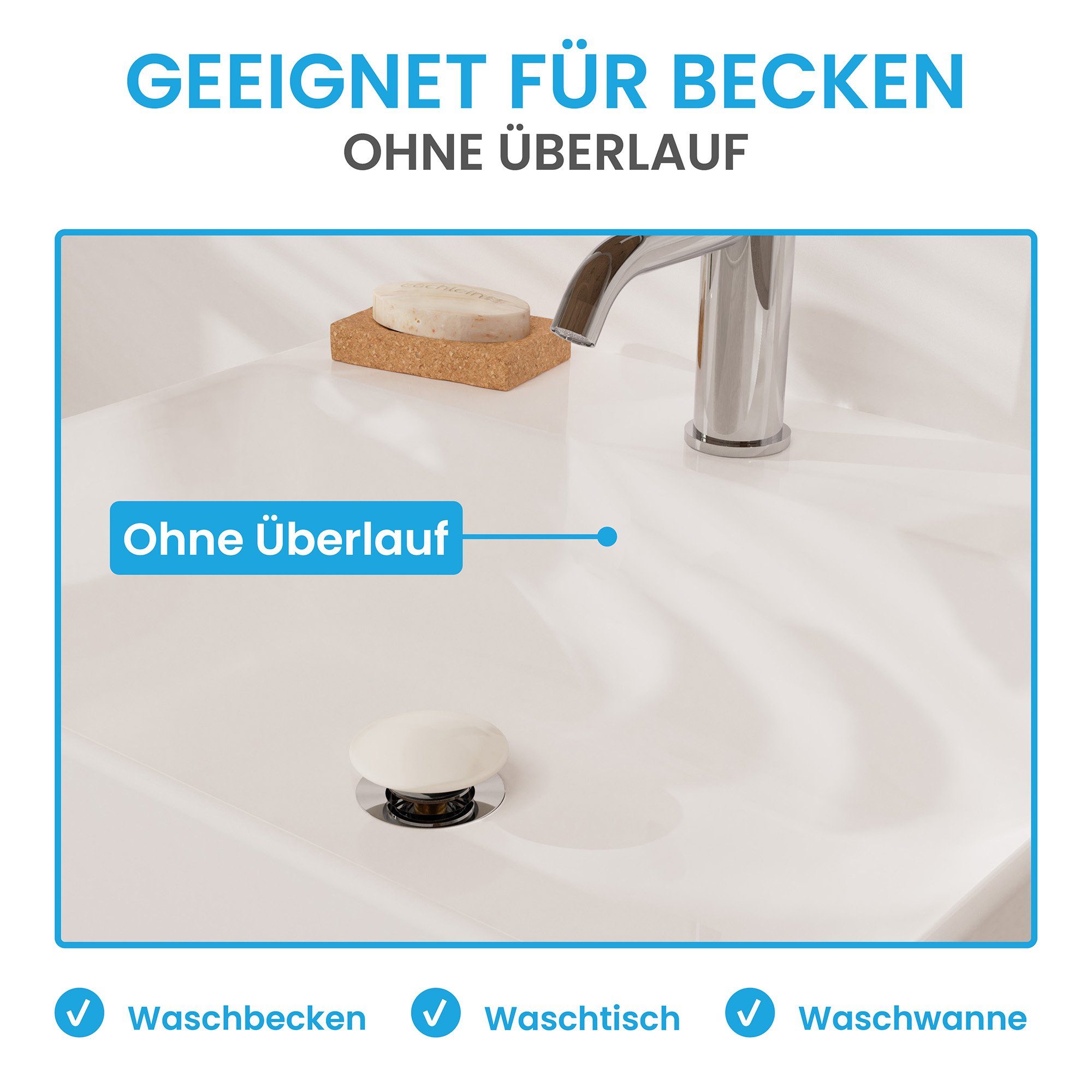 Bächlein Ablaufgarnitur Waschbeckenabfluss Pop Up (Eleganter Keramik Waschbeckenstöpsel) Werkzeugloser Einbau - Click Clack Funktion – Bild 5 von 5
