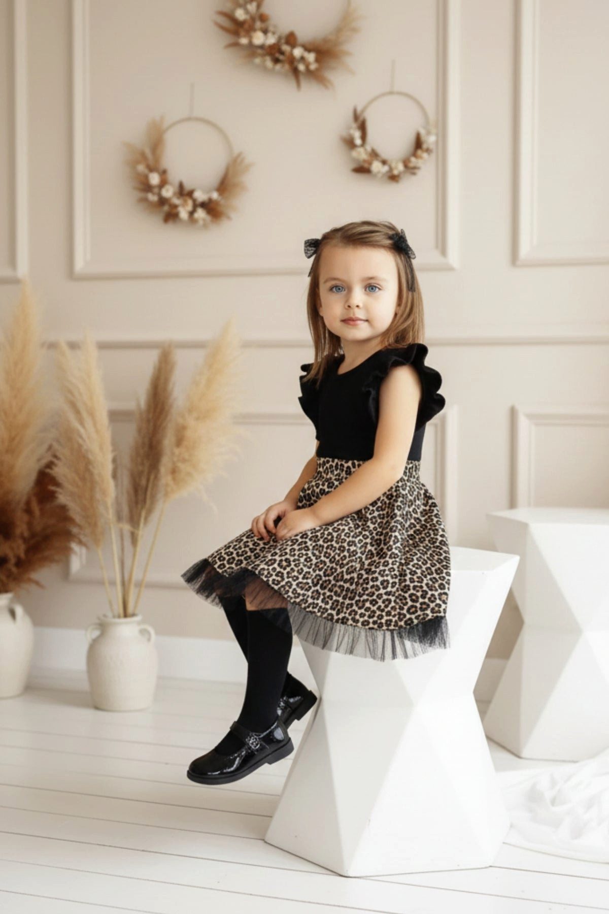 Parla Kids Tüllkleid Tütükleid schwarz mit Leopardenmuster, Rüschensaum und Haarspange Tütükleid mit leopardenmuster