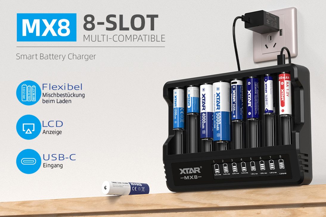 XTAR MX8 – Universelles Ladegerät für 1,5V; 3,6 - 3,7V Li-Ion & 1,2V Ni-MH Universal-Ladegerät (1-tlg)
