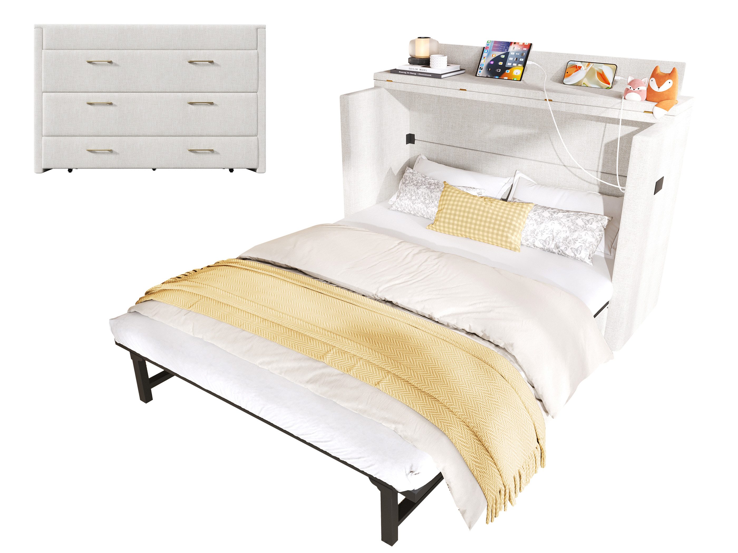 SeedWave Daybett Leinen Polsterbett mit Rollen-Schublade, USB-Anschlüssen, 140×200cm, Wandklappbett mit Lattenrost