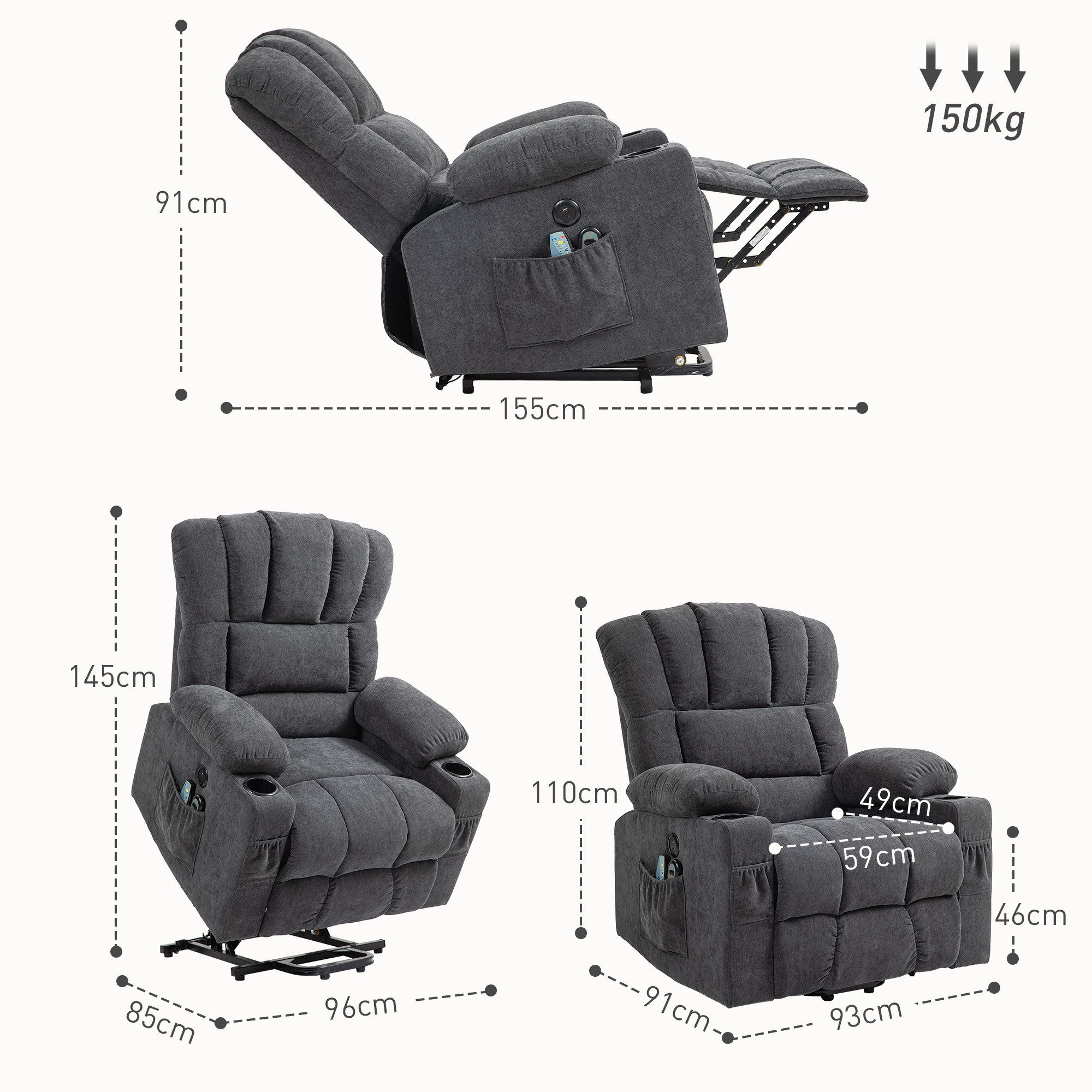HOMCOM Massagesessel mit Liege-, Heiz- und Massagefunktion (Relaxsessel, 1-St., Fernsehsessel), mit Typ-C- und USB-Anschlüssen, Becherhalter, Dunkelgrau