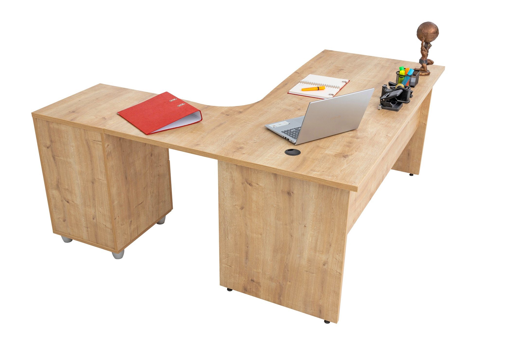 Furni24 Schreibtisch Winkelschreibtisch Dona,Holzfuss,Eiche,180 cm, Beistellcontainer inkl