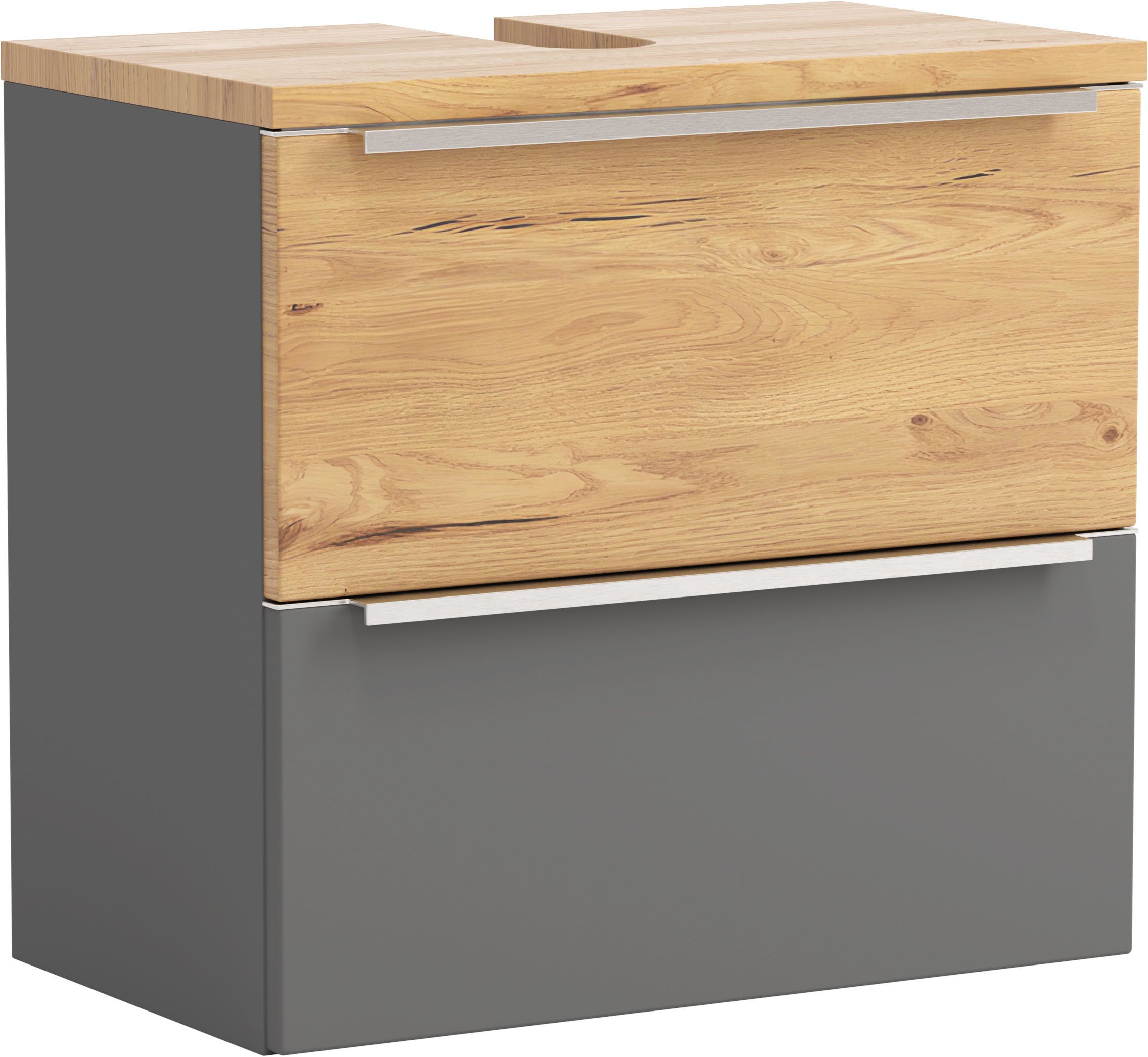 welltime Waschbeckenunterschrank TRIENT Unterbeckenschrank 60 cm, Softclose und gedämpfte Scharniere (Maße (B/H/T): ca. 60/54/35 cm) onyx-grey/Wildeiche, gedämpfte Scharniere und Softclose-Auszug