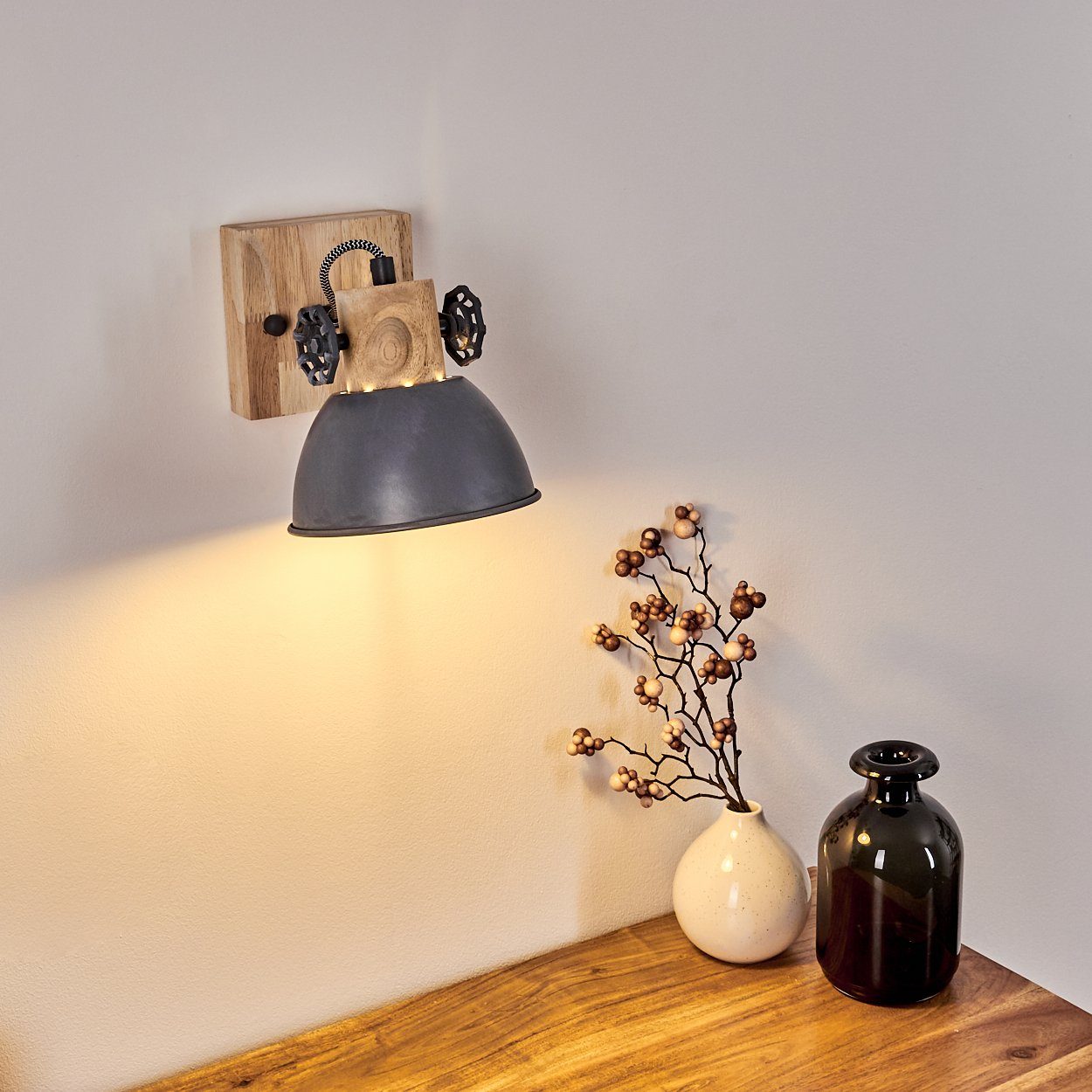 »Cotes« Wandleuchte Design im Leuchtmittel, Grau/Weiß/Braun, Wandspot Fassung, ohne verstellbare Wandlampe Retro/Vintage 1xE27 in aus Metall/Holz hofstein