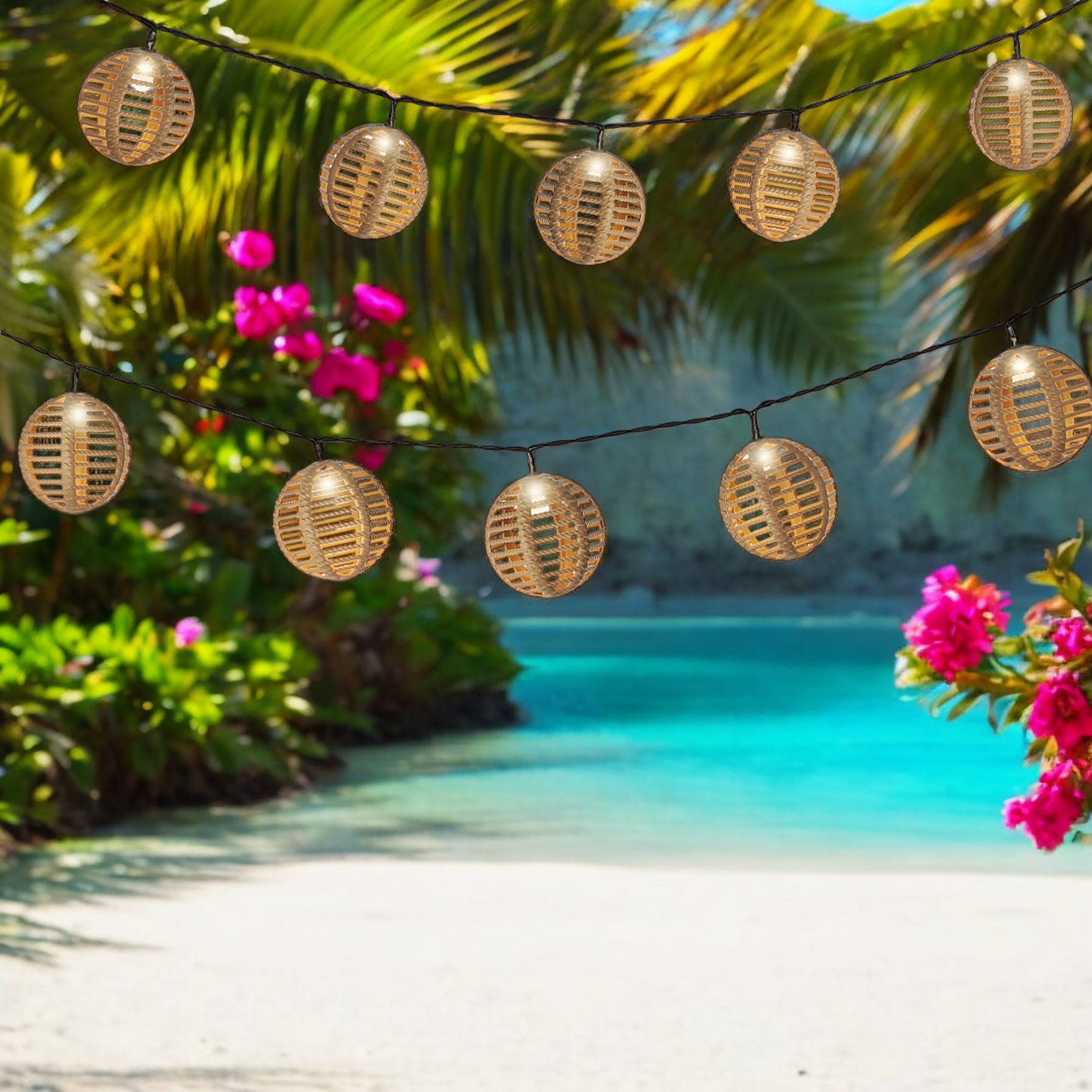 Spetebo LED-Lichterkette Solar Lichterkette mit 10 runden Lampions in Rattan Optik - 270 cm, 10-flammig, in rustikaler Rattan Optik