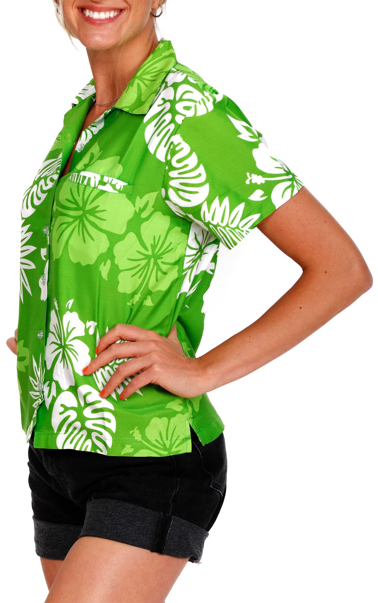 King Kameha Hawaiihemd Mono Hibiscus Funky Hawaiibluse Damen Kurzarm Front-Tasche Stylish