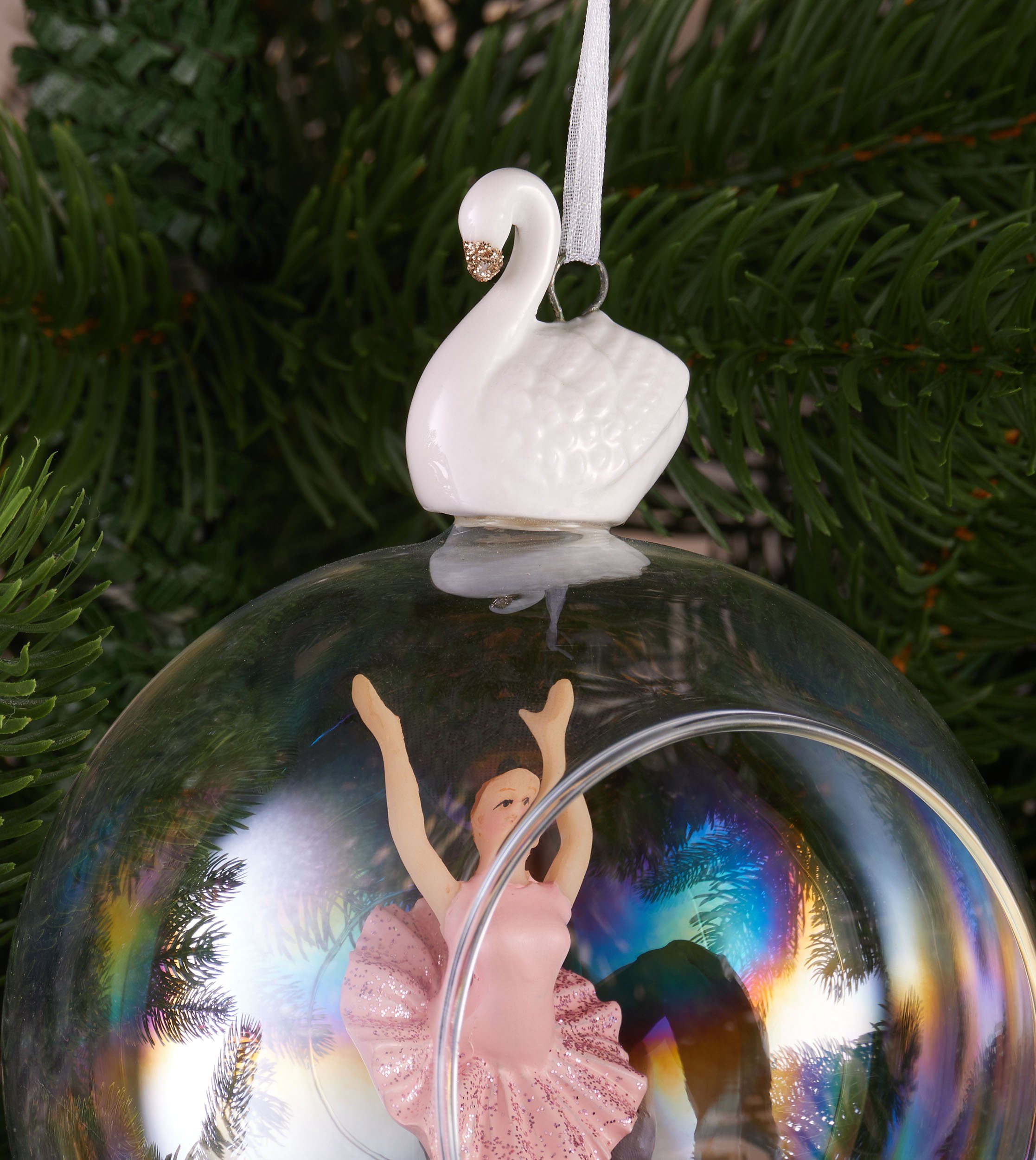 BRUBAKER Weihnachtsbaumkugel Premium Weihnachtskugel St), Figur 10 Kleid und (1 Ballett Tänzerin cm im - Christbaumkugel Ballerina mit Weihnachtsdeko - Glas rosa Schwan Baumkugel