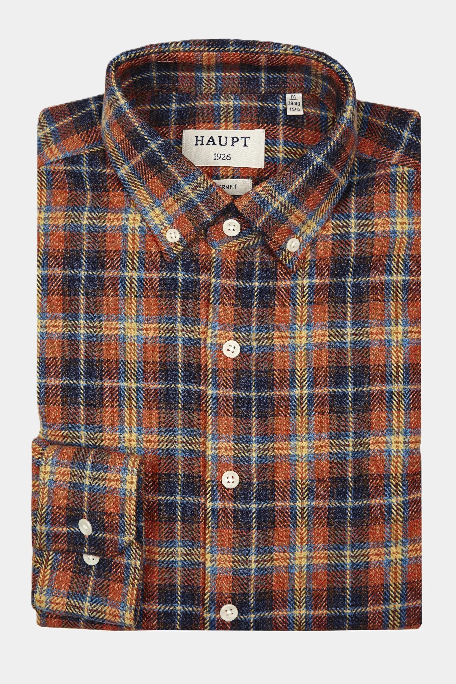 Langarmhemd Haupt Flanell Modern Fit Langarm Herrenhemd im Kariertem Ochre Muster