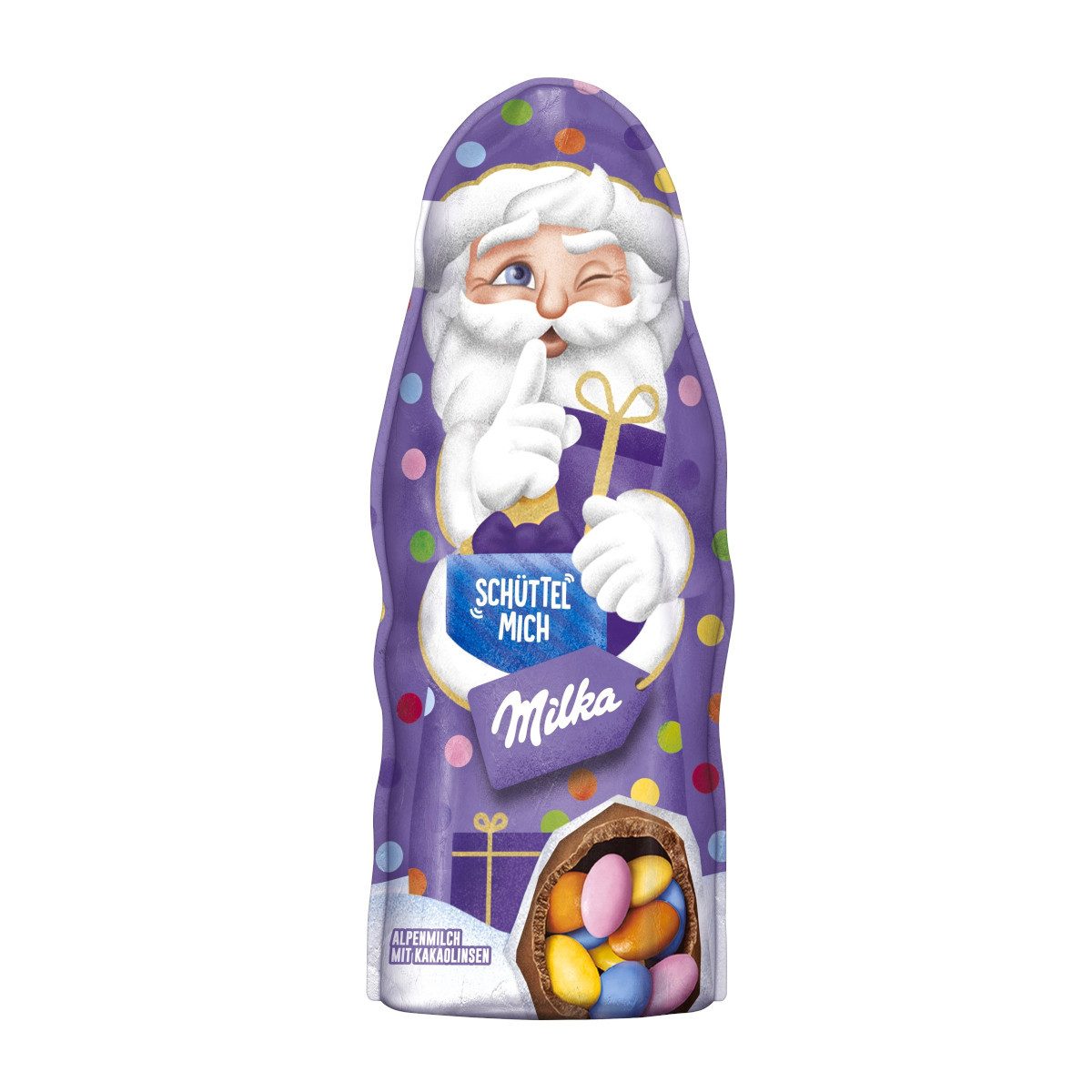 MILKA Schokolade, Milka Schüttel Mich Weihnachtsmann mit Kakaolinsen Packung 56g