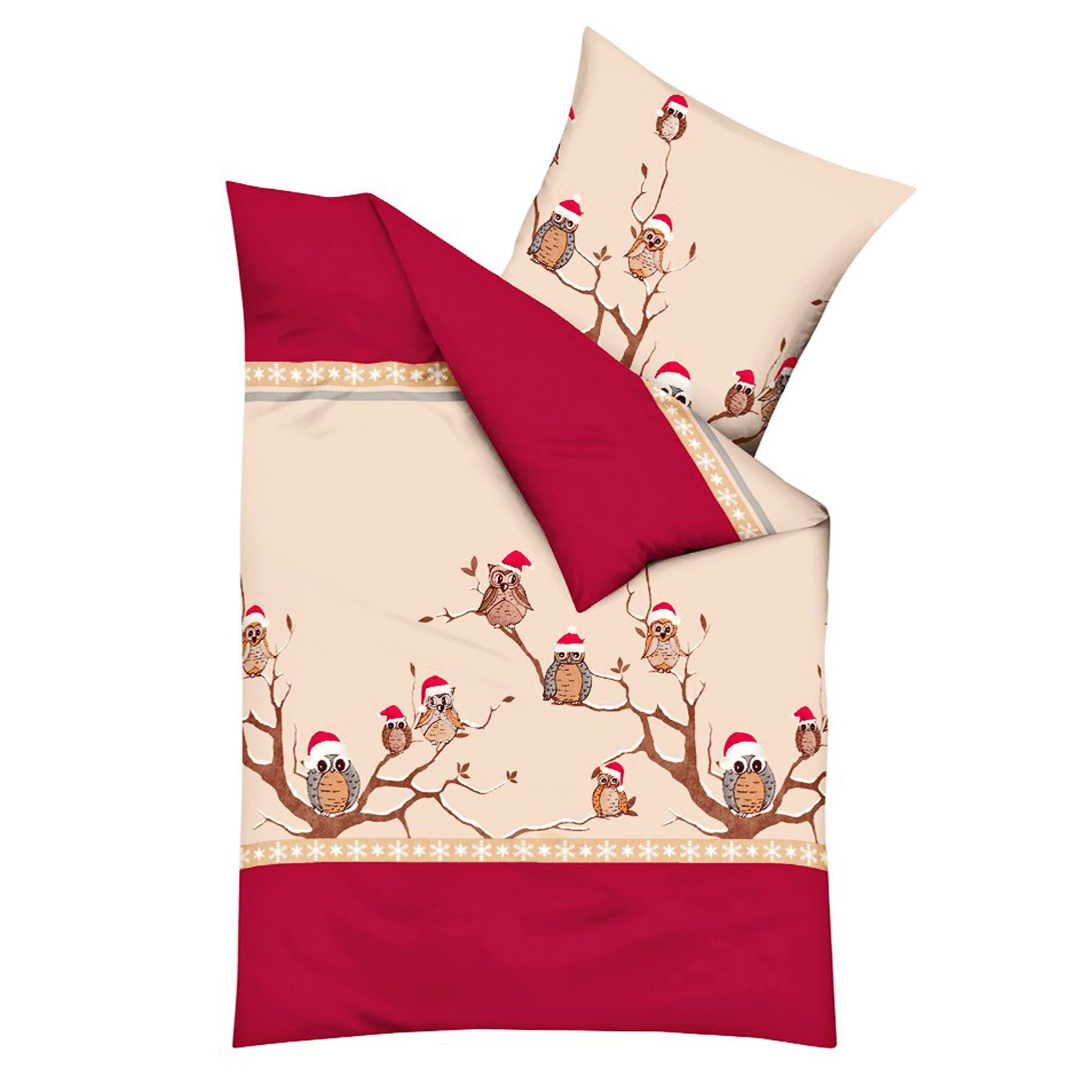 Kaeppel Bettwäsche 135x200cm Wintereule Weihnachten Rot Beige, Biber, 2 tei günstig online kaufen