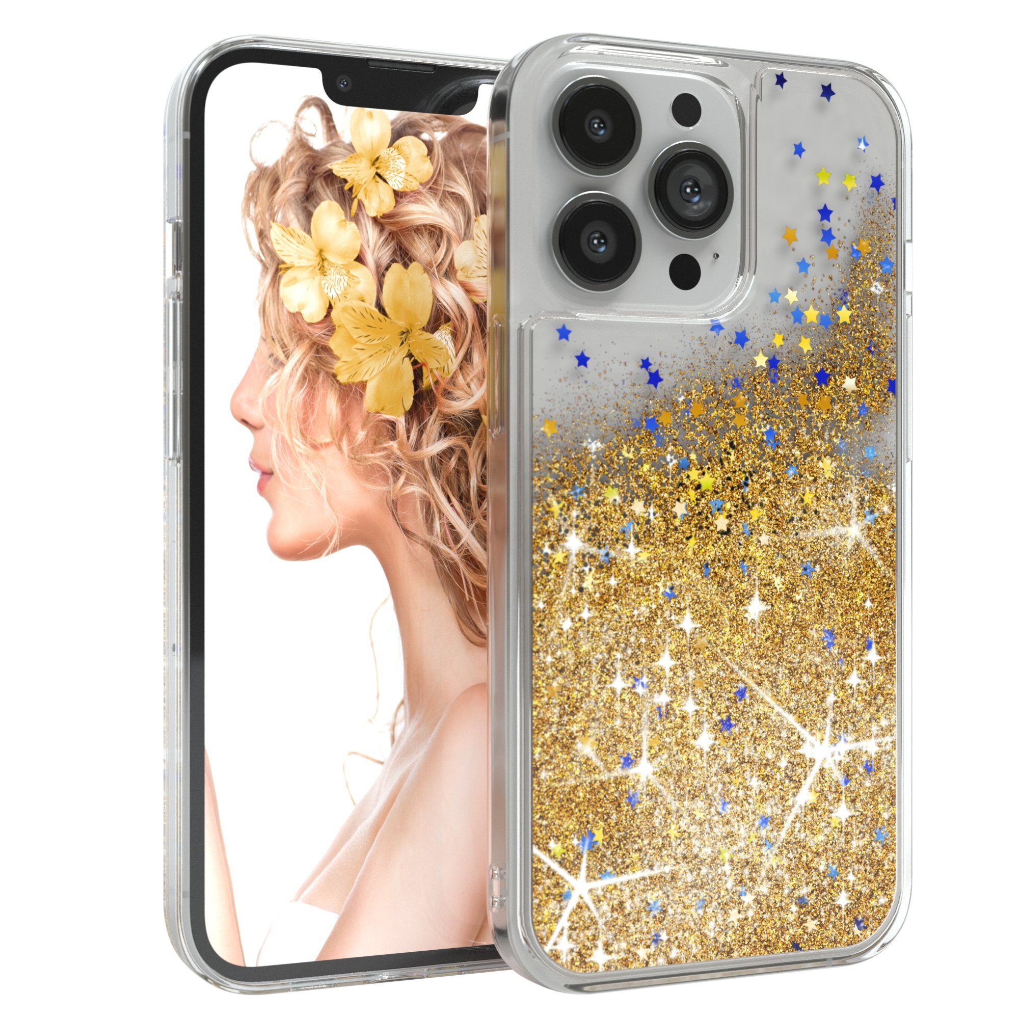 EAZY CASE Handyhülle Liquid Glittery Case für Apple iPhone 13 Pro 6,1 Zoll, Durchsichtig Back Case Handy Softcase Silikonhülle Glitzer Cover Gold
