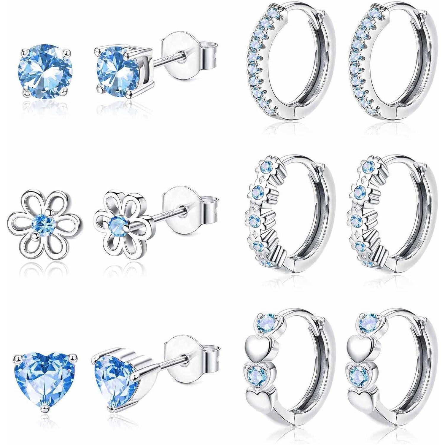 Ohrring-Set 6 Paar Sterling Silber Ohrringe Set Rosa Lila Blau für Mädchen