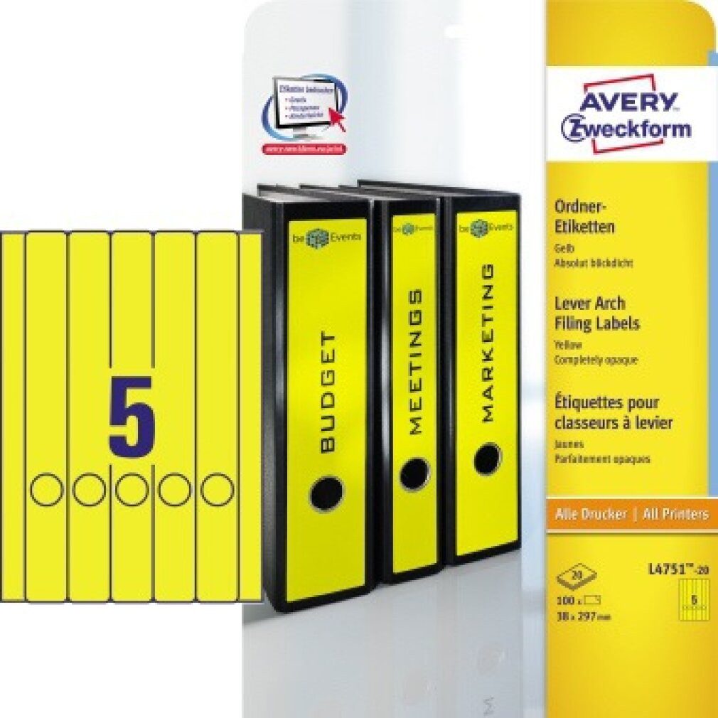 Avery Zweckform Druckerband Ordneretikett L4751-20 3 Format des Schildes: schmal/lang